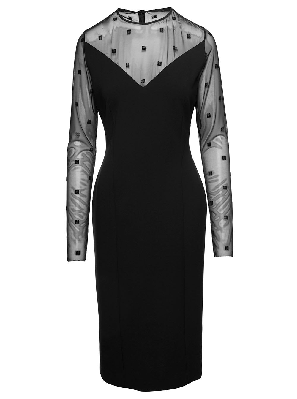 Givenchy Midi Black Dress With Long Sleeves And 4g Logo Tulle Inserts In Viscose Blend Woman