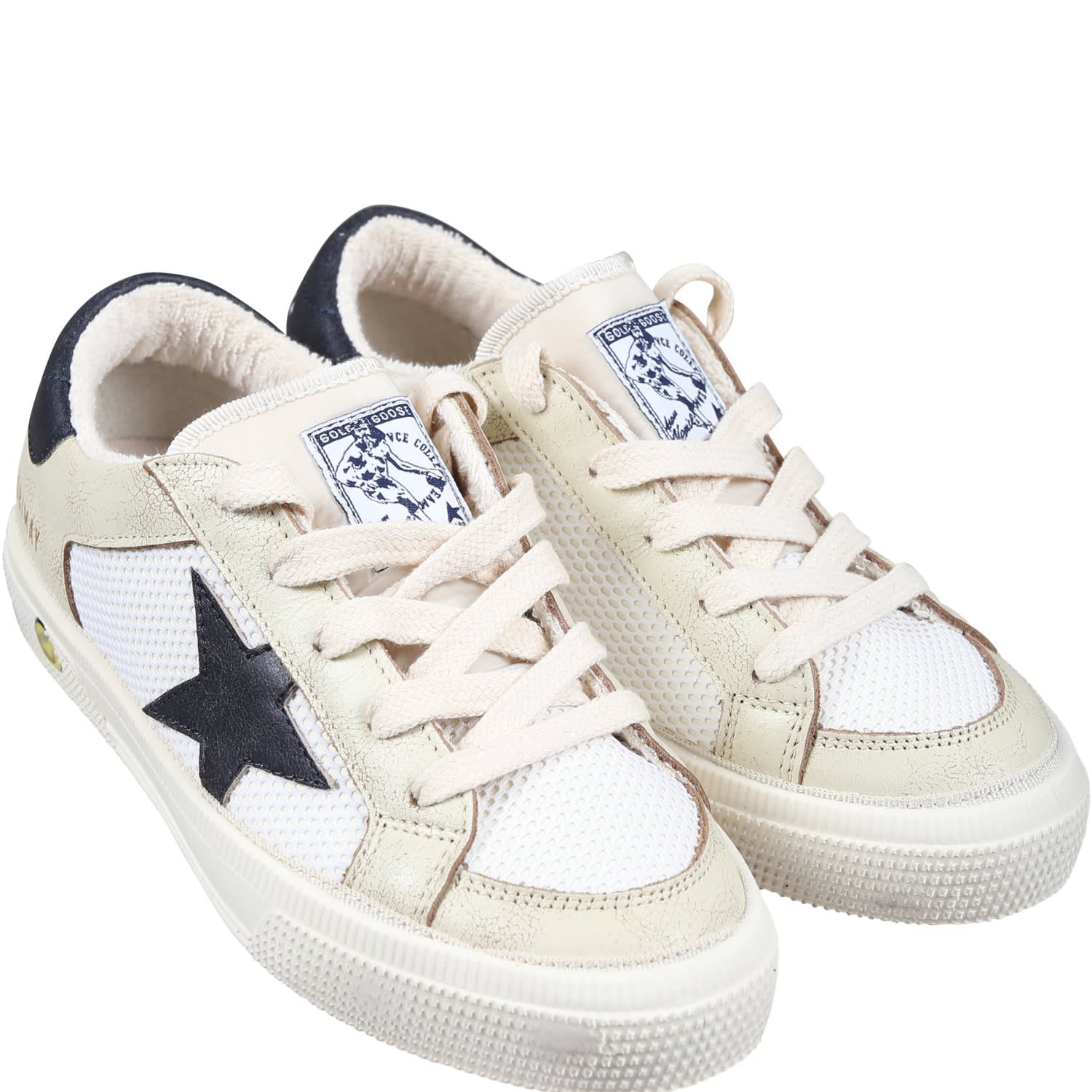 Shop Golden Goose Ivory Sneakers For Kids With Logo In Bianco/blu