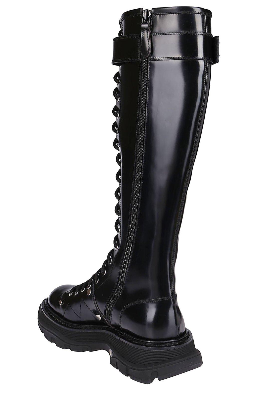 Alexander Mcqueen Glossed-leather Exaggerated-sole Knee Boots In 