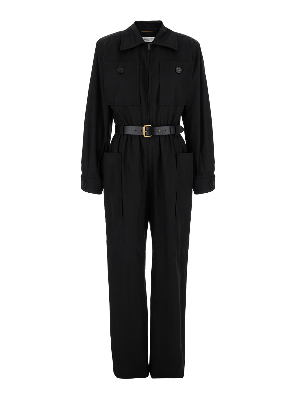 Black Jumpsuit With Pockets And Belt In Cotton Woman