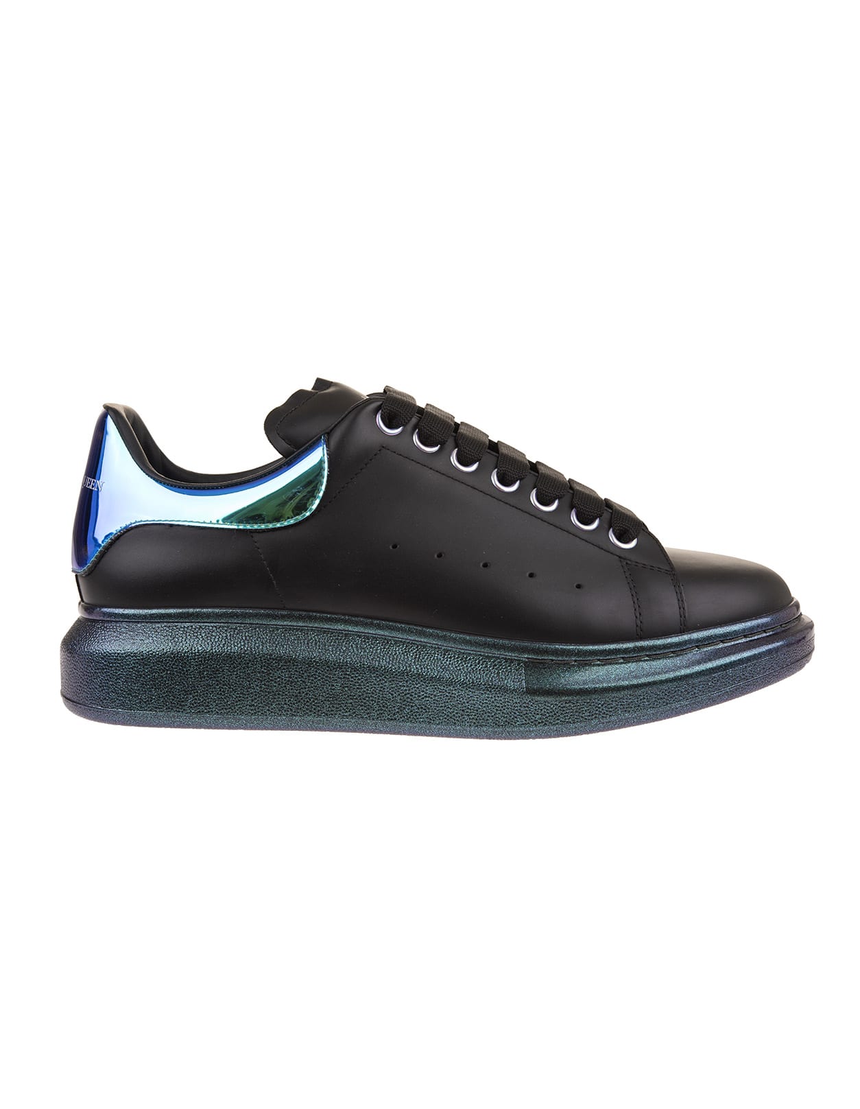 ALEXANDER MCQUEEN MAN BLACK OVERSIZE SNEAKERS WITH IRIDESCENT SPOILER AND BLUE SOLE,625168-WHYBA 1252