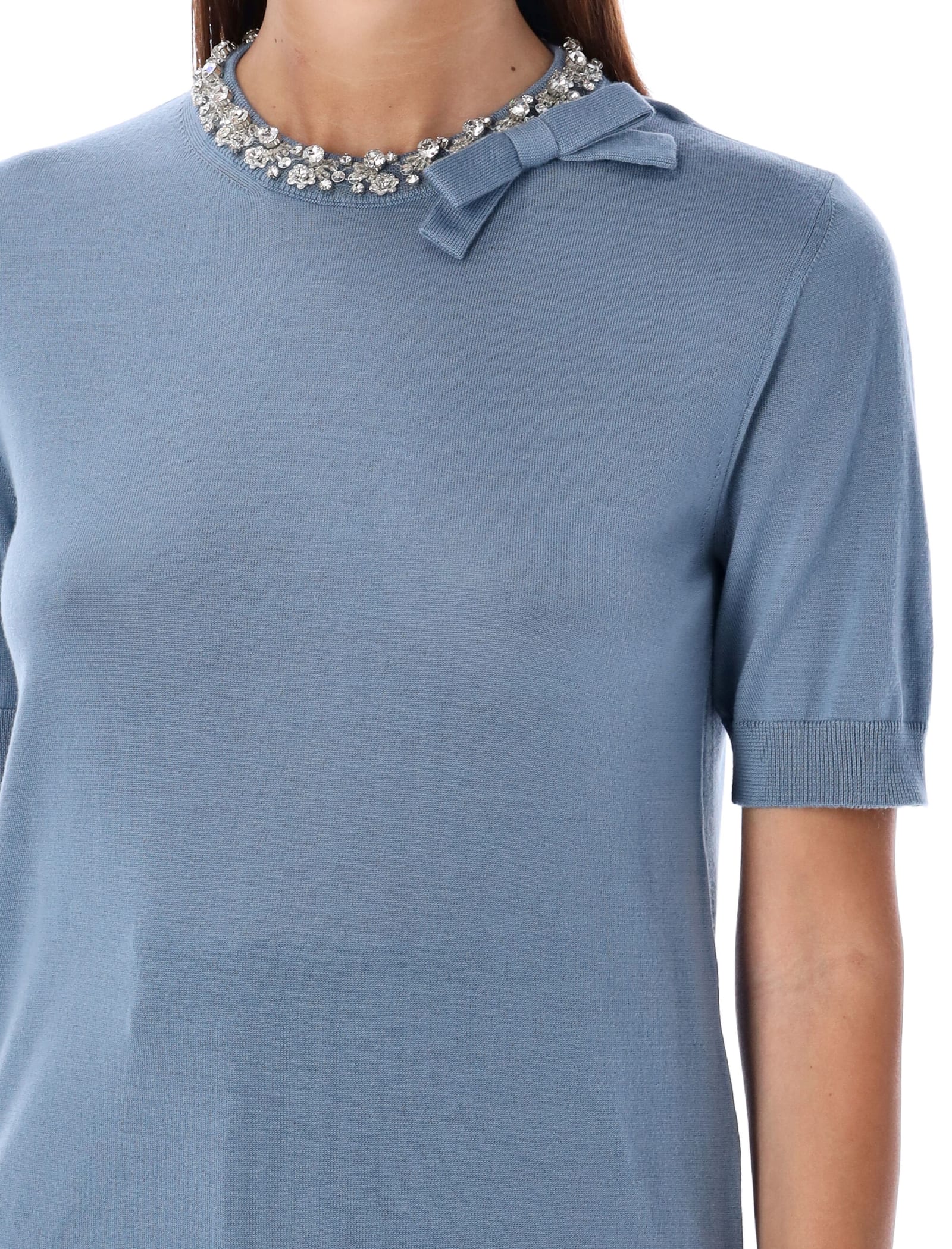 Shop Valentino Crystal Round Neck Knit In Light Blue