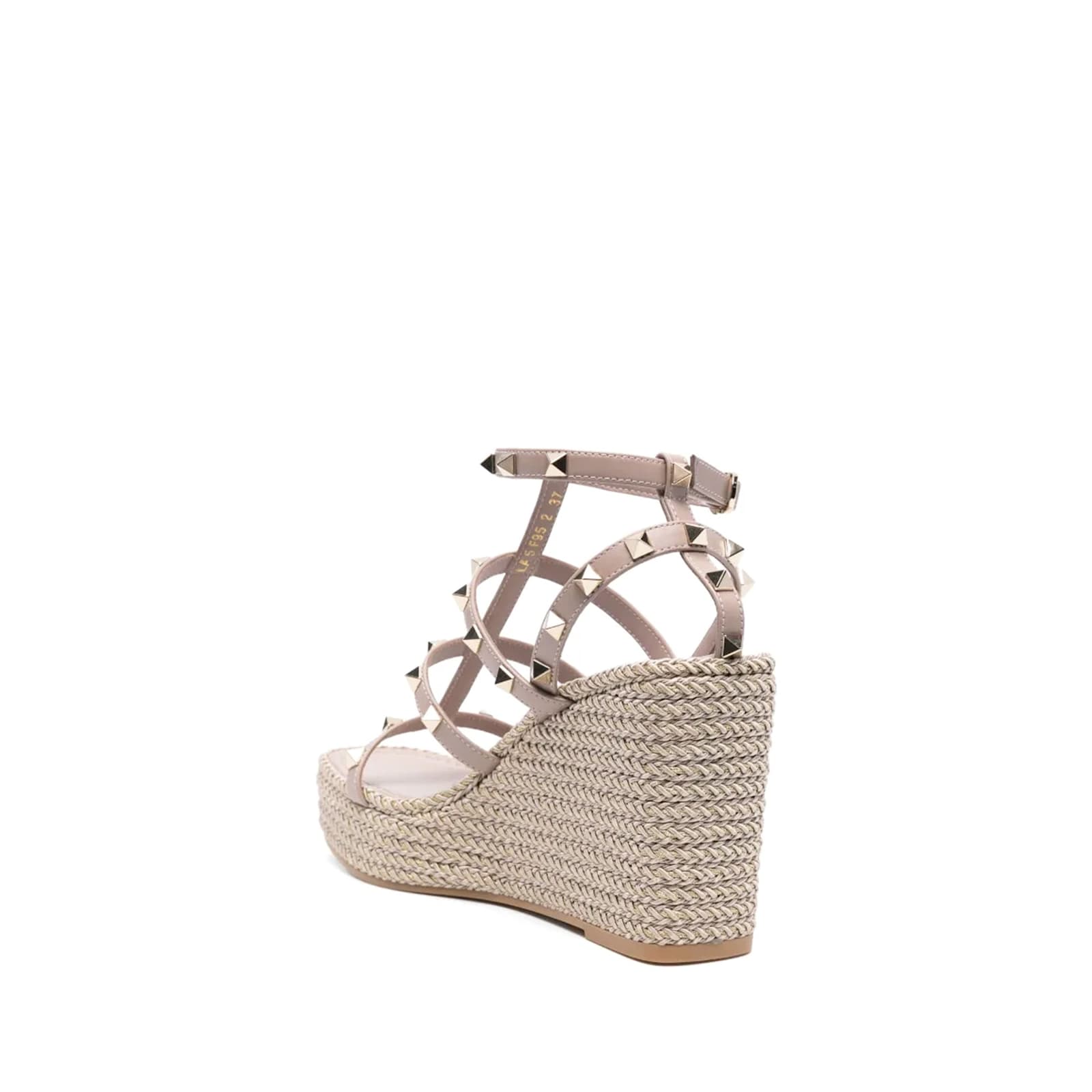 Valentino Studded Leather Wedge Sandals With Rafia Platform In Beige