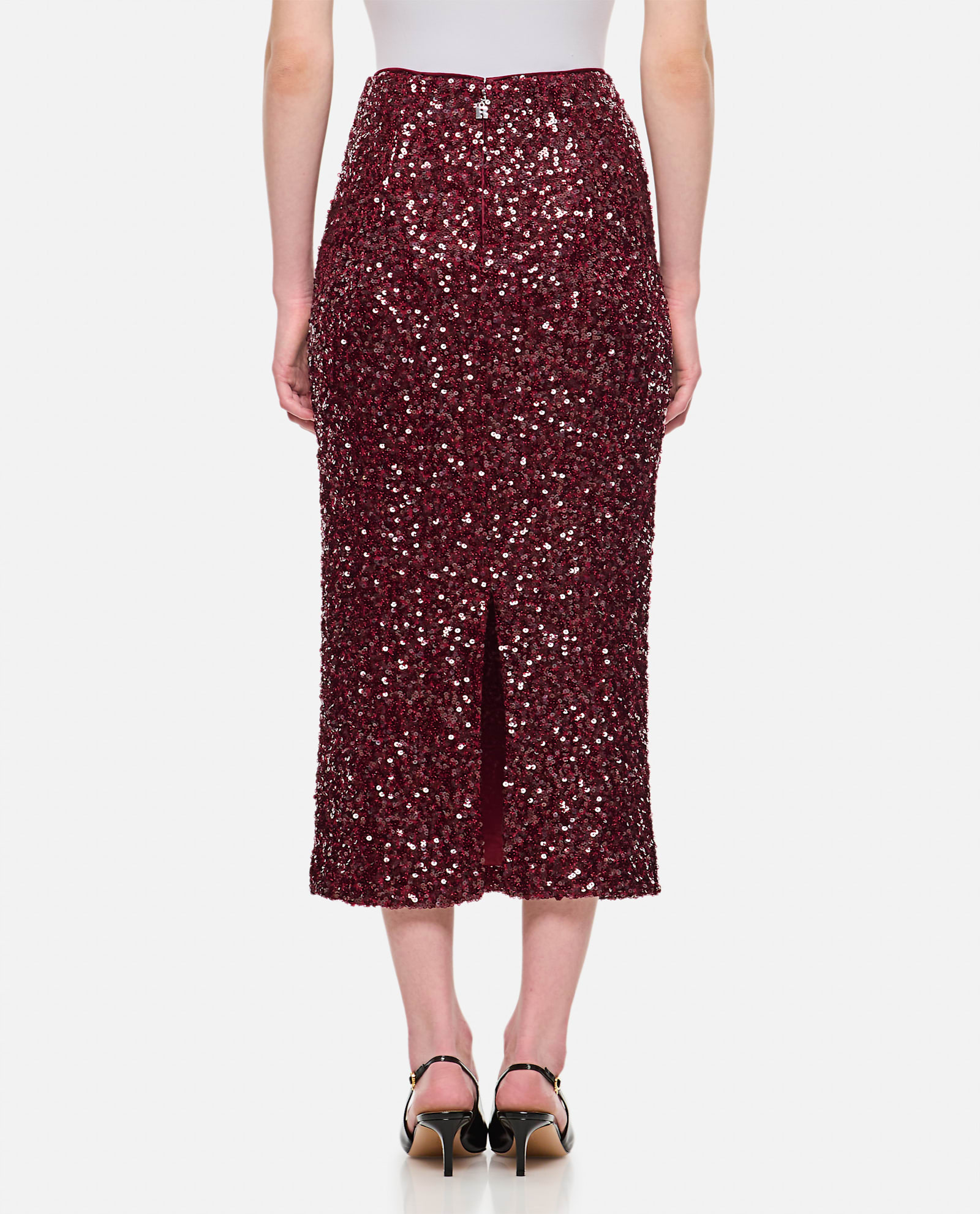 Rotate Birger Christensen Sequined Midi Pencil Skirt In Pink Polyester In Bordeaux