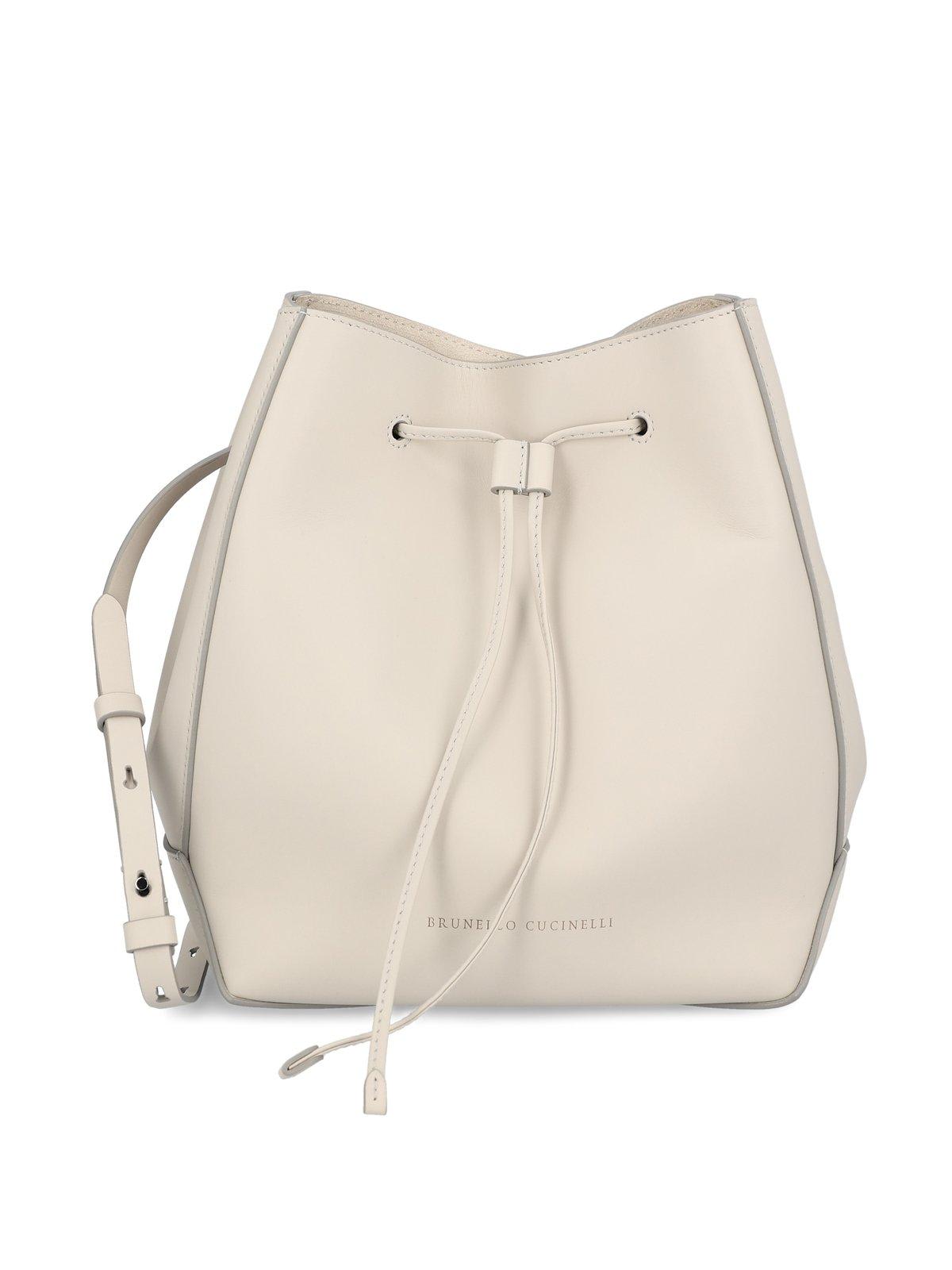 Brunello Cucinelli Embellished Logo Printed Bucket Bag In Grey