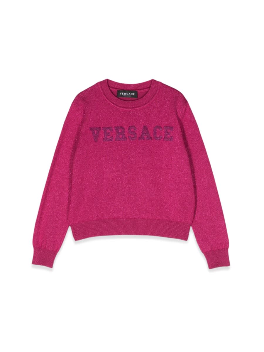 Shop Versace Crew Neck Pullover With Embroidered Logo In Fuchsia