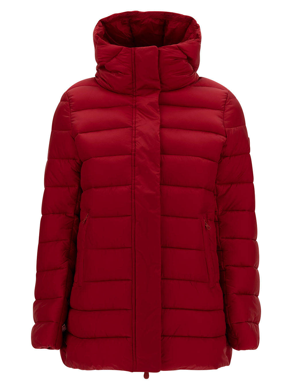 drimia Long Red Down Jacket With Tonal Logo Patch In Shiny Leather Woman