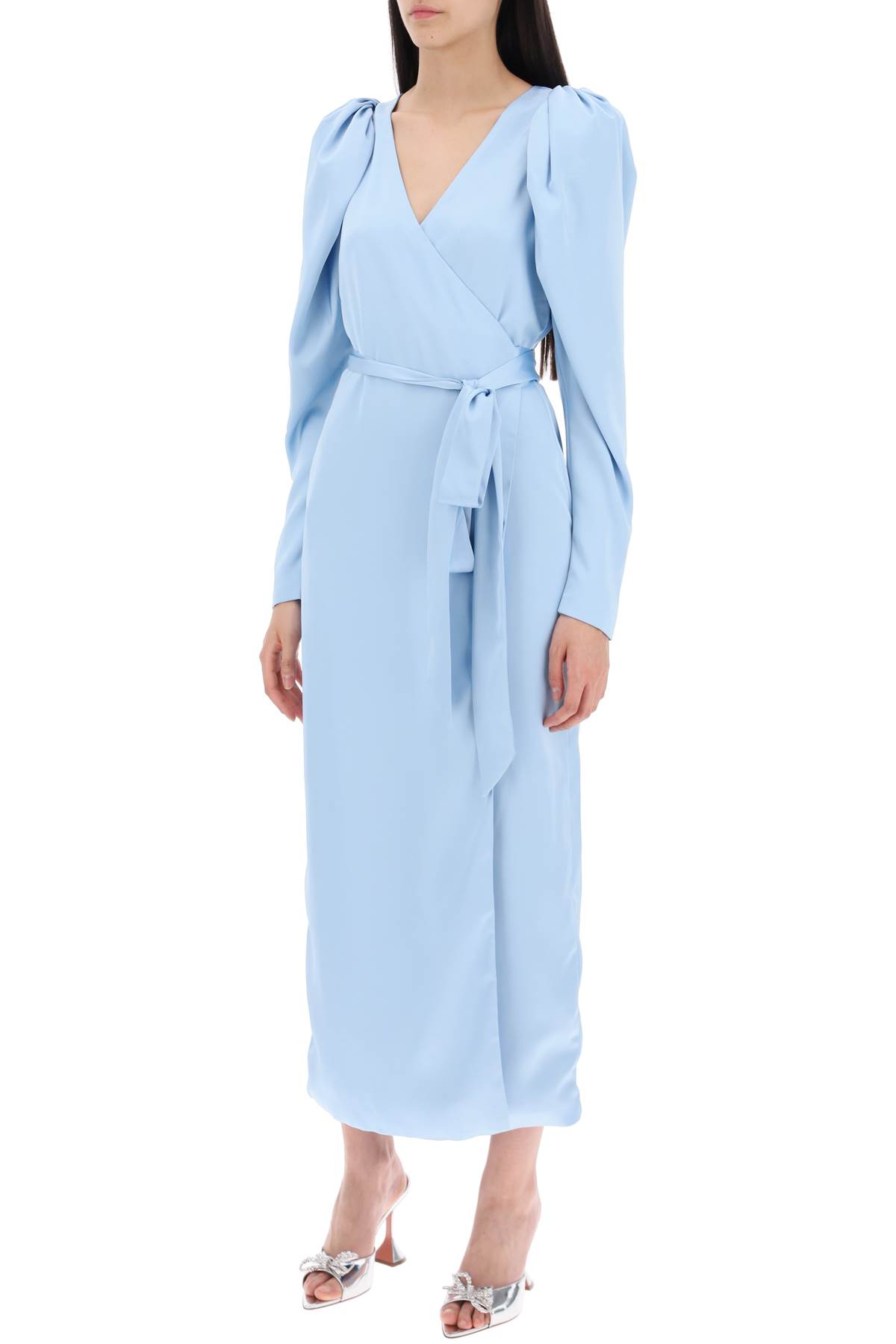 Shop Rotate Birger Christensen Satin Wrap Midi Dress With A Crossover In Placid Blue (light Blue)