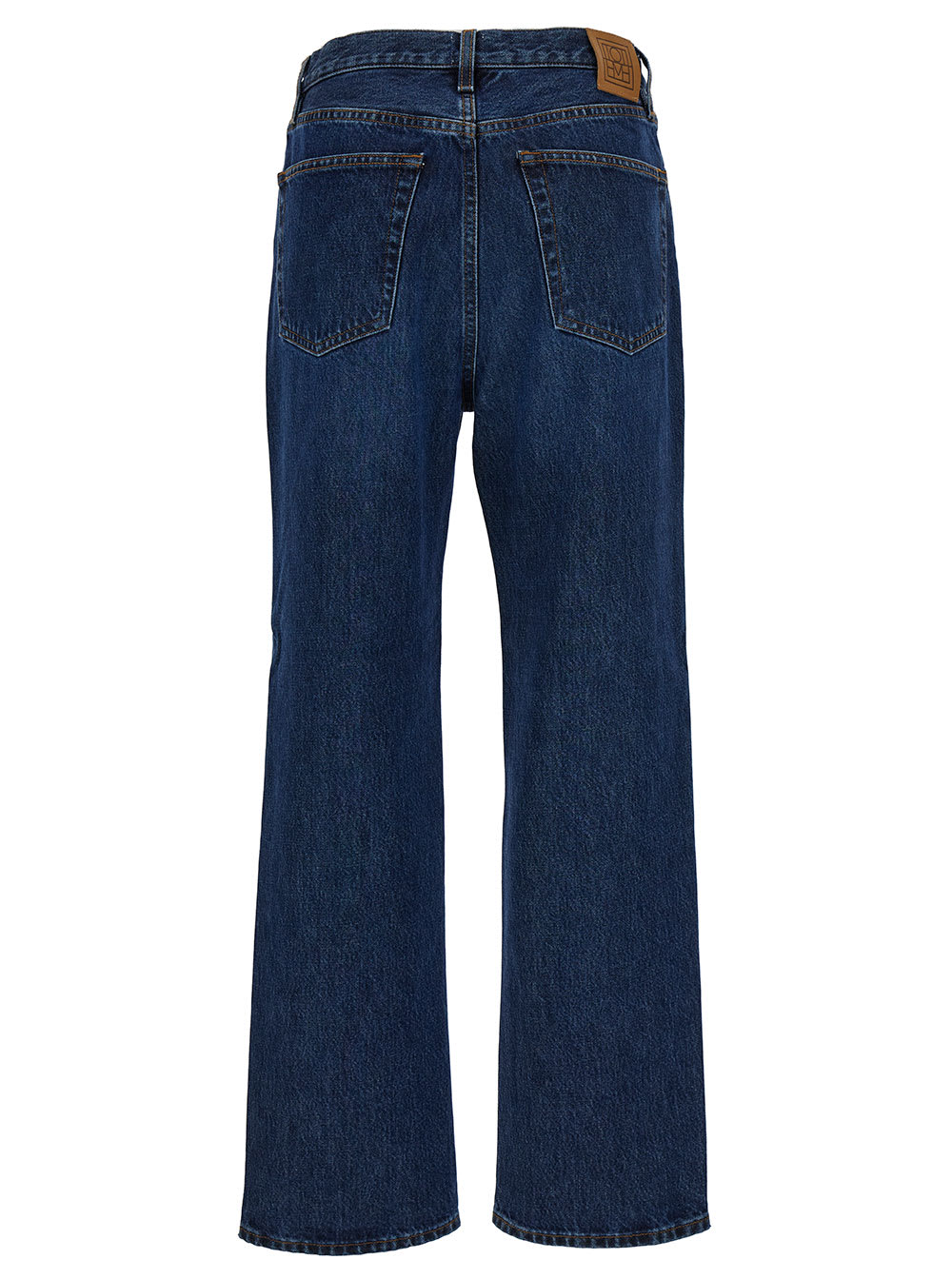 Shop Totême Blue High-waisted Jeans With Logo Patch In Cotton Denim Woman