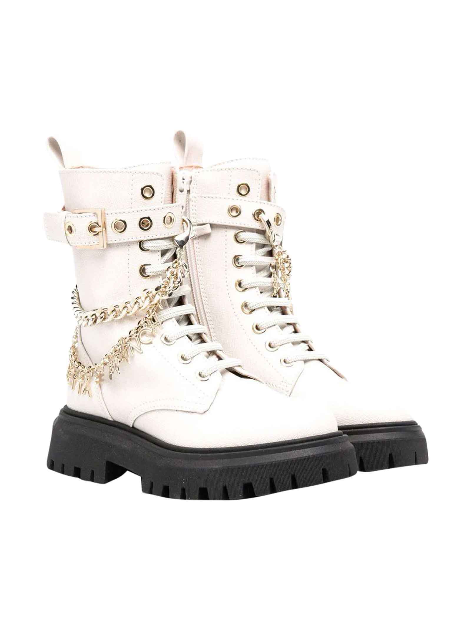 Elisabetta Franchi La Mia Bambina White Teen Boots With Chains, Round Tip And Laces Kids