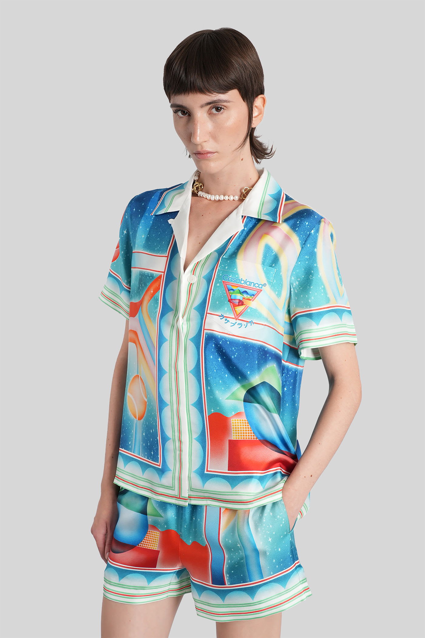Casablanca Short Sleeve Printed Silk Shirt In Blue