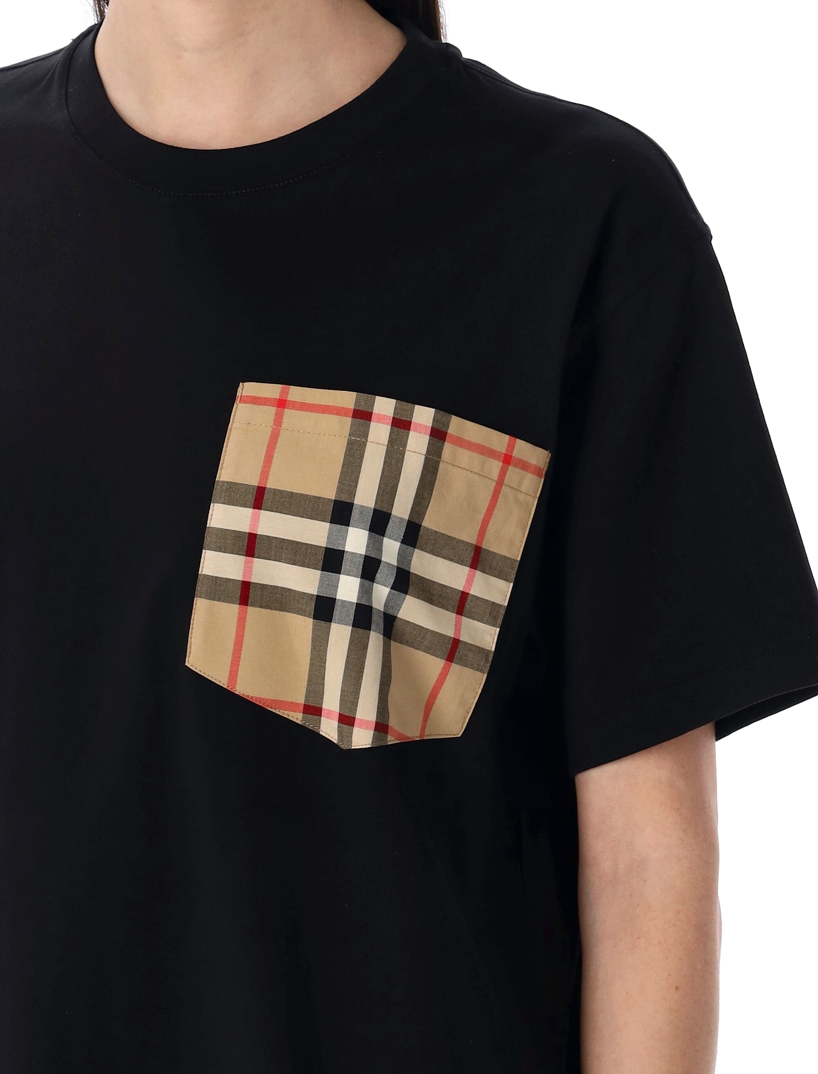 Burberry Check Pocket Cotton T-shirt In Black