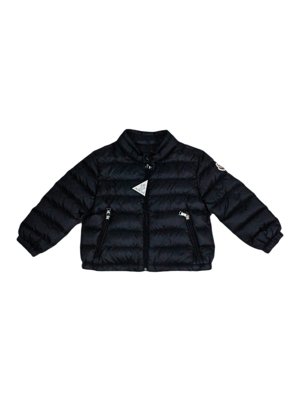 Shop Moncler Acorus 100 Gram Down Jacket With Zip Closure And Elasticated Cuffs And Bottom In Blu