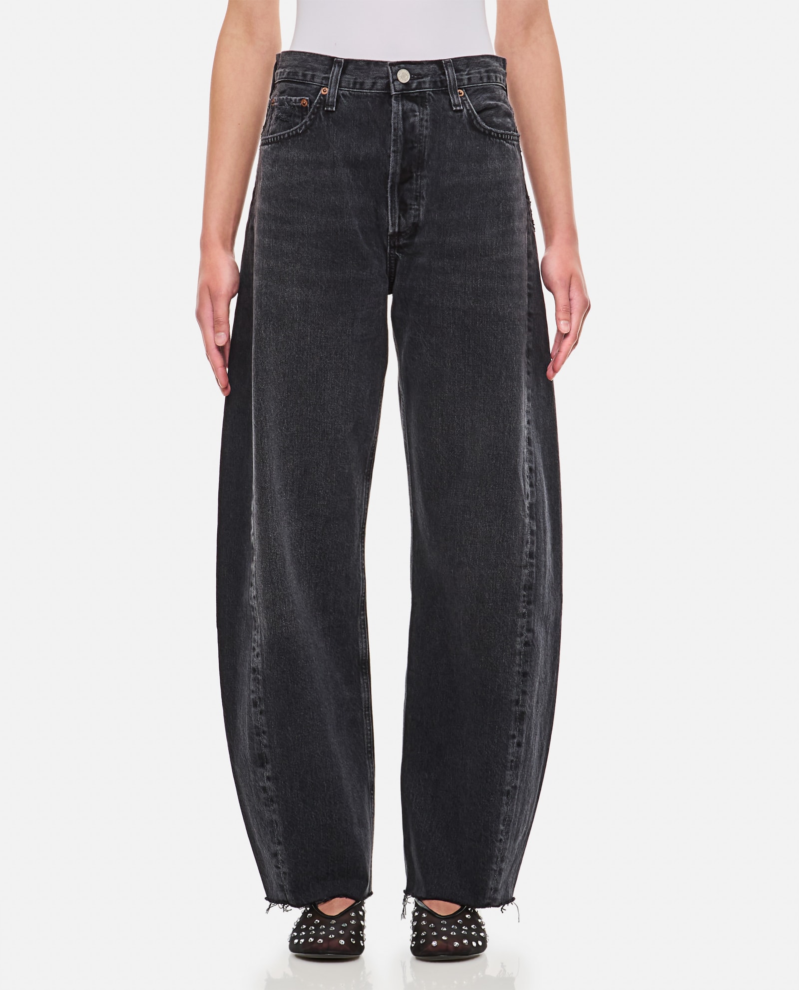 Shop Agolde Luna Pieced Organic Cotton Denim Pants In Black