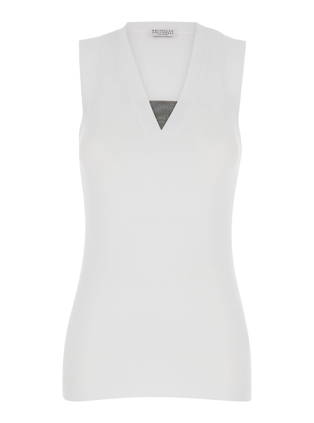 Shop Brunello Cucinelli White Sleeveless Top With Monil Detail In Jersey Woman