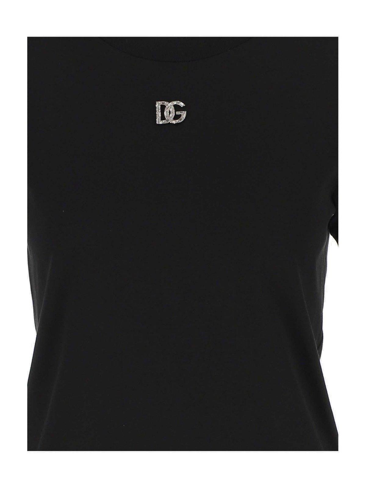 Dolce & Gabbana Black T-shirt With Logo Decorated With Crystals On The Front In Cotton Woman In Nero