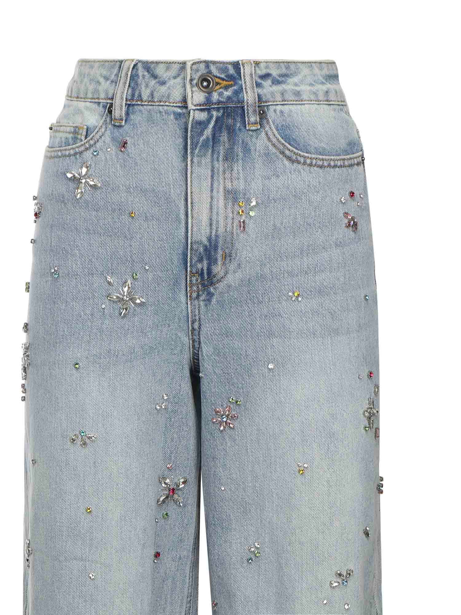 Self-portrait Jeans With Rhinestone Flowers In Blue