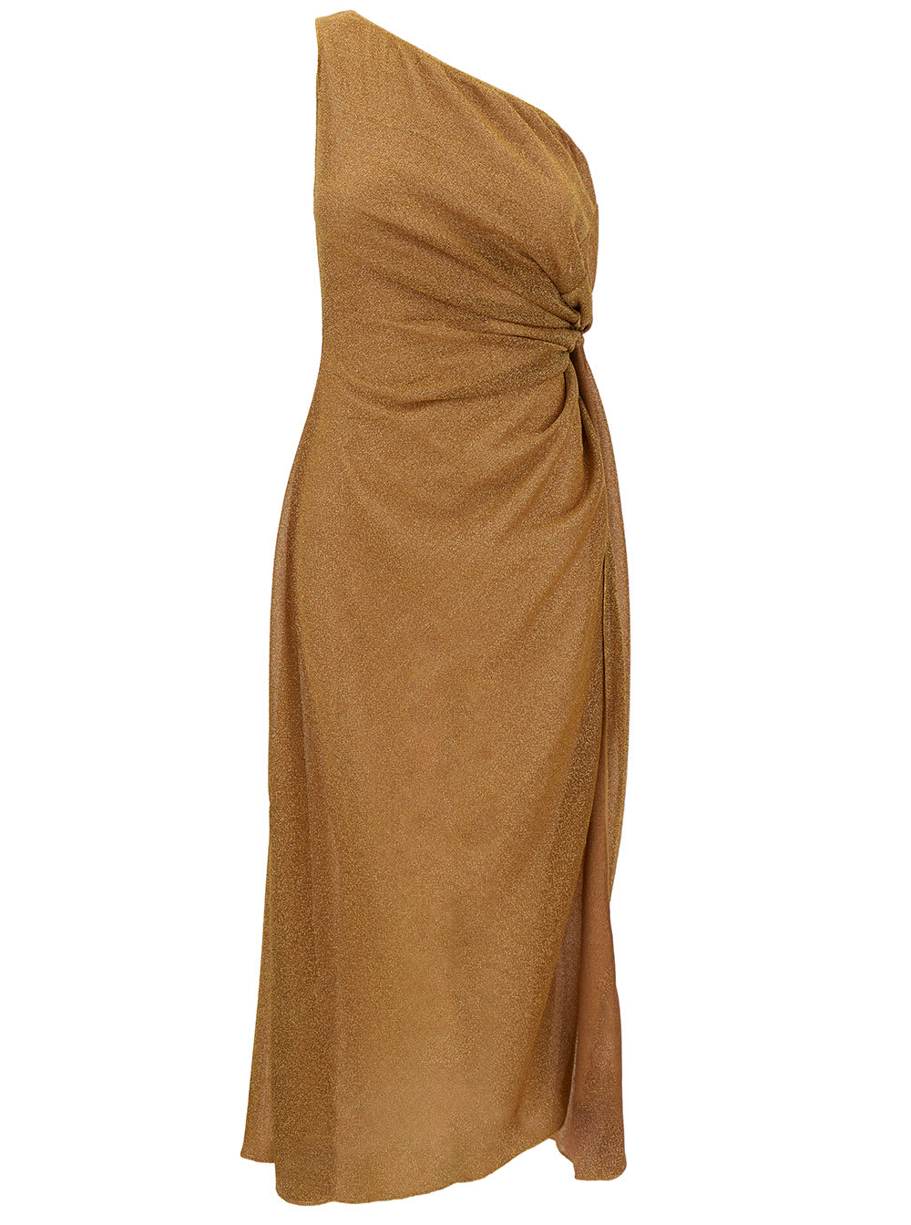 Shop Oseree Lumière Midi Gold Dress With Knot Detail In Lurex Woman In Metallic