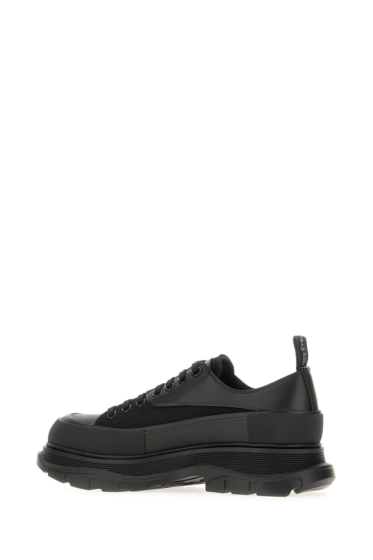 Shop Alexander Mcqueen Black Leather And Canvas Tread Slick Sneakers In Black White Silver