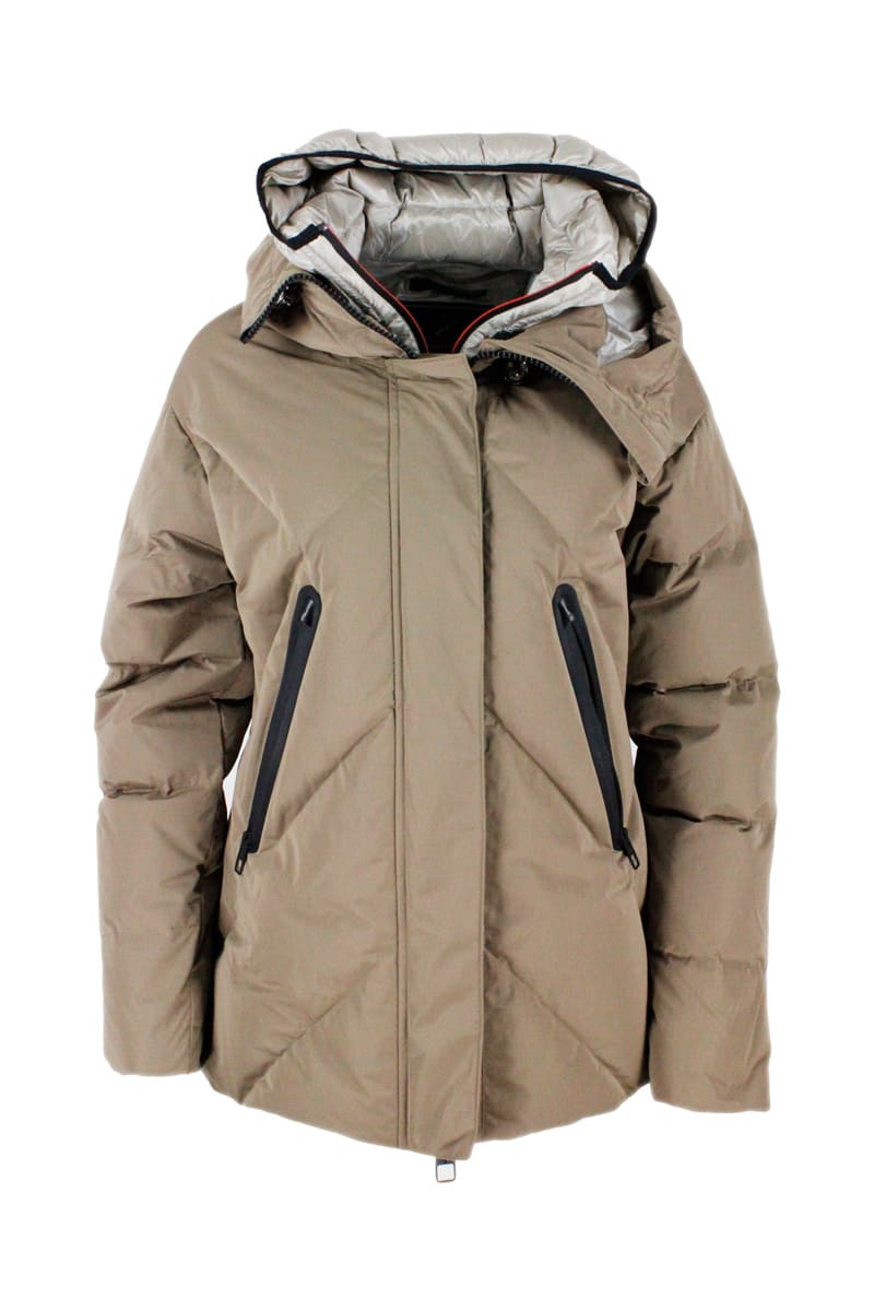 Montecore Down Jacket In Real Goose Down With Chevron Pattern With Diamond Quilting, With Double Hood With The Internal One With Detachable Front