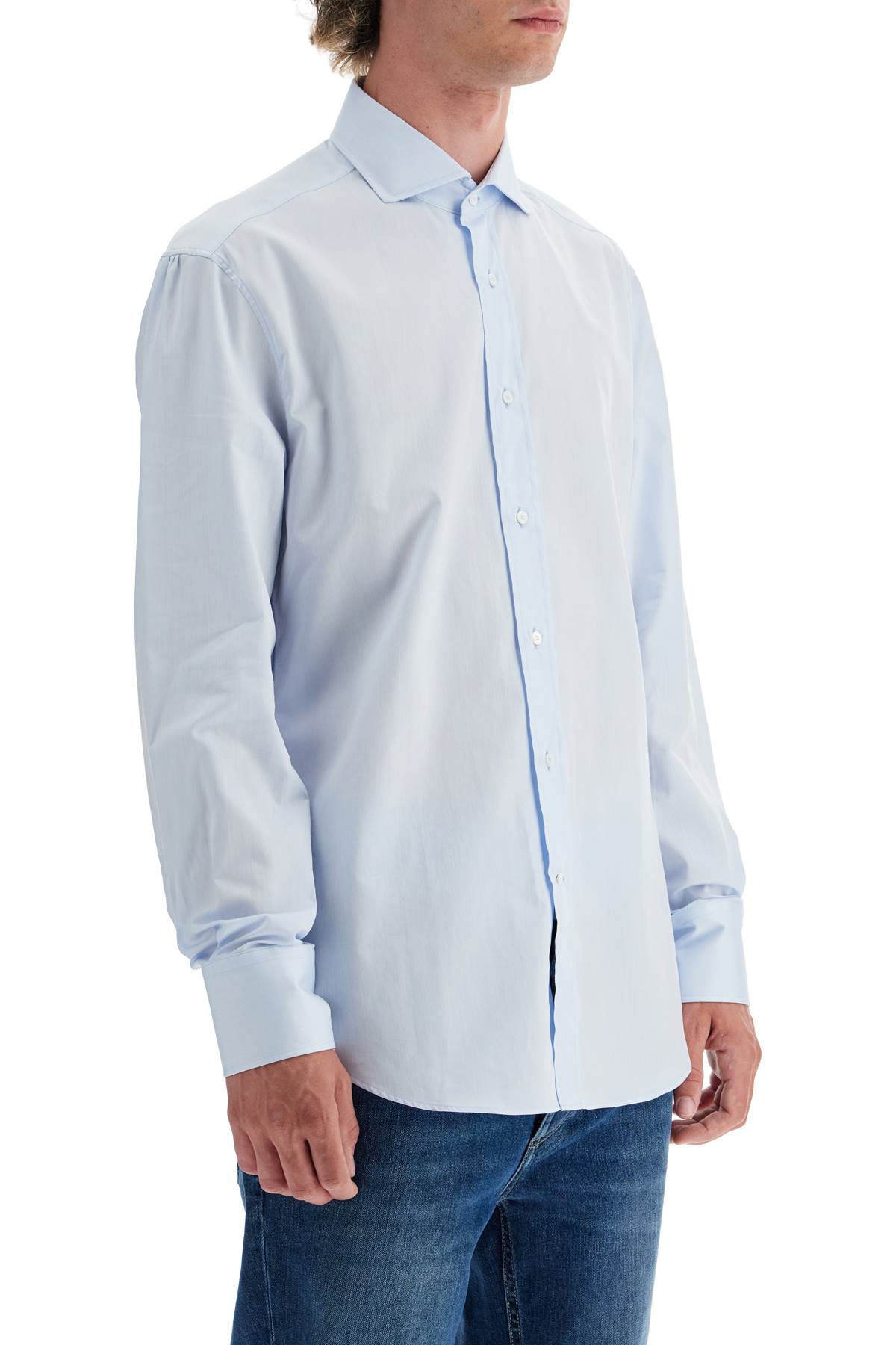 Shop Brunello Cucinelli Spread Collar Slim Fit Shirt In Celeste (light Blue)