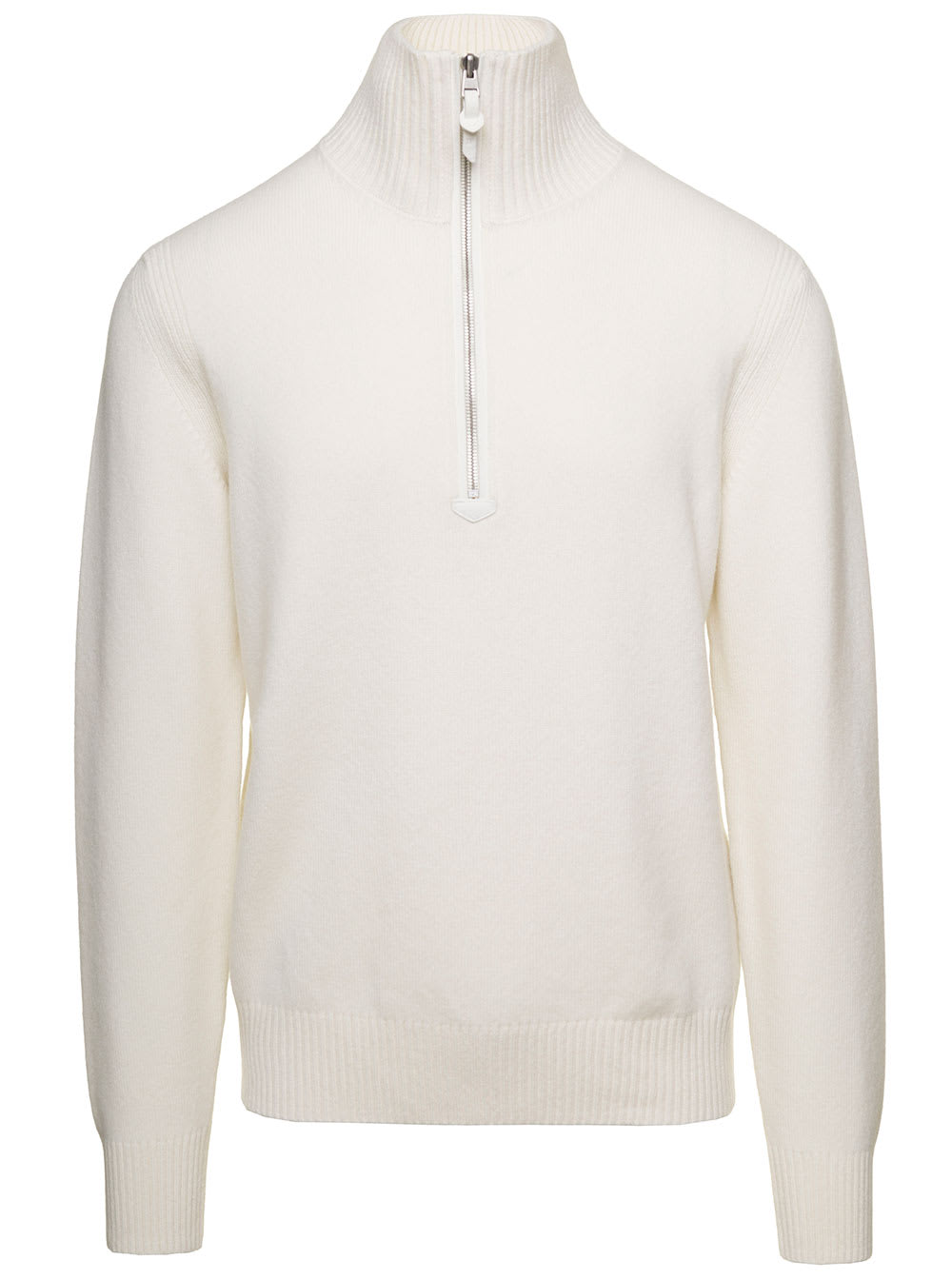 TOM FORD WHITE LONG-SLEEVE SWEATER WITH ZIP-UP MOCK NECK IN WOOL AND CASHMERE MAN