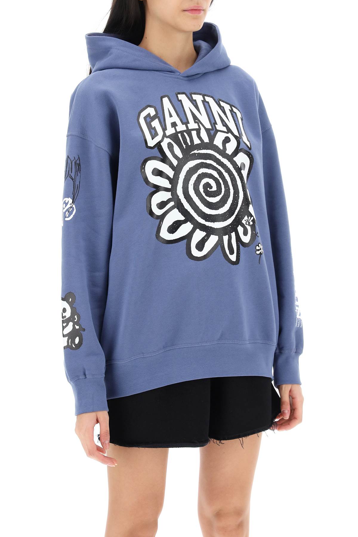 Shop Ganni Hoodie With Graphic Prints In Gray Blue (light Blue)