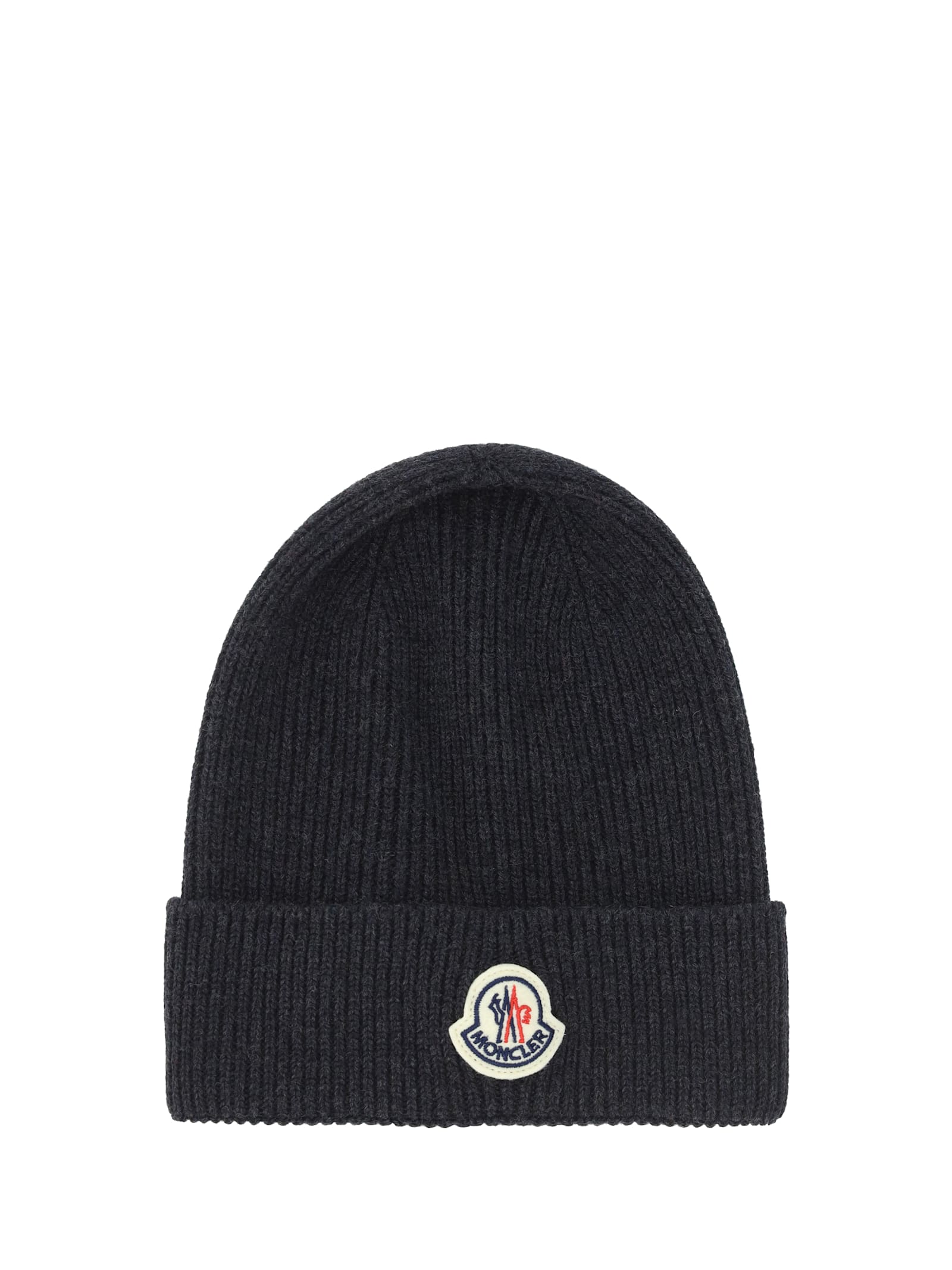 Moncler Black Beanie With Logo Patch