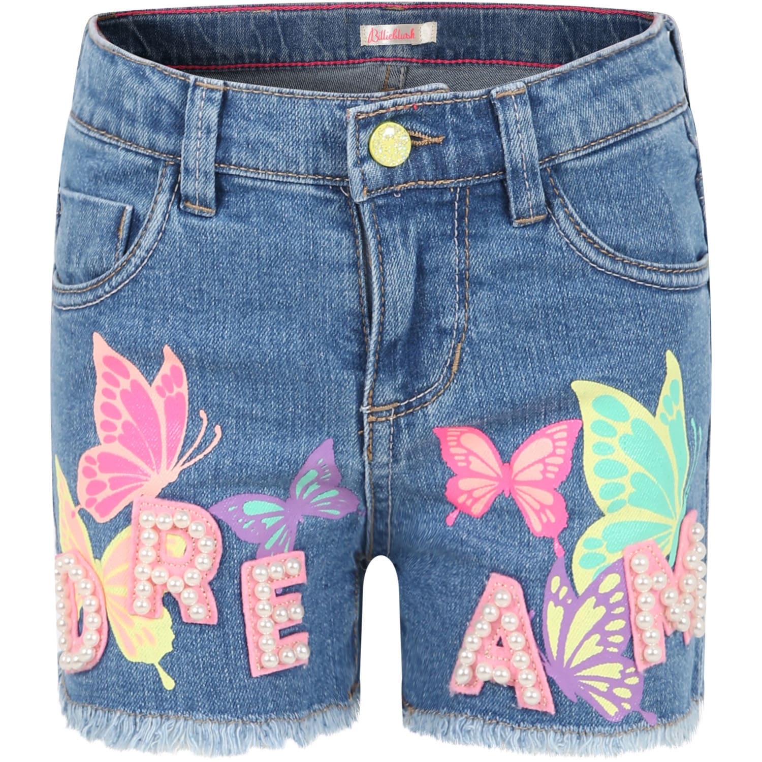 Billieblush Kids' Blue Shorts For Girl With Dream Writing And Butterflies In Denim