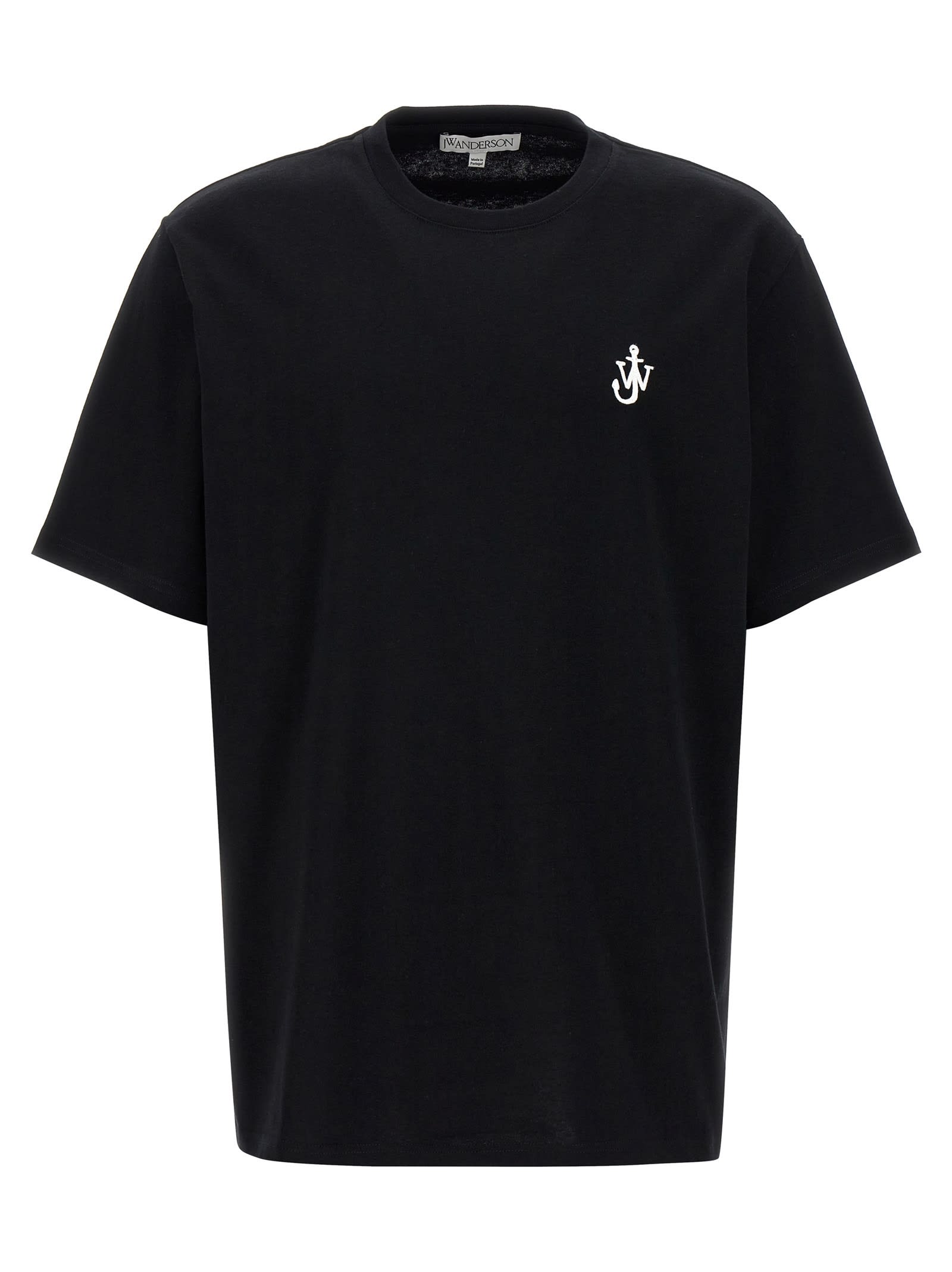 Jw Anderson Black Crewneck T-shirt With Anchor Embroidery On The Front In Cotton Man In Black