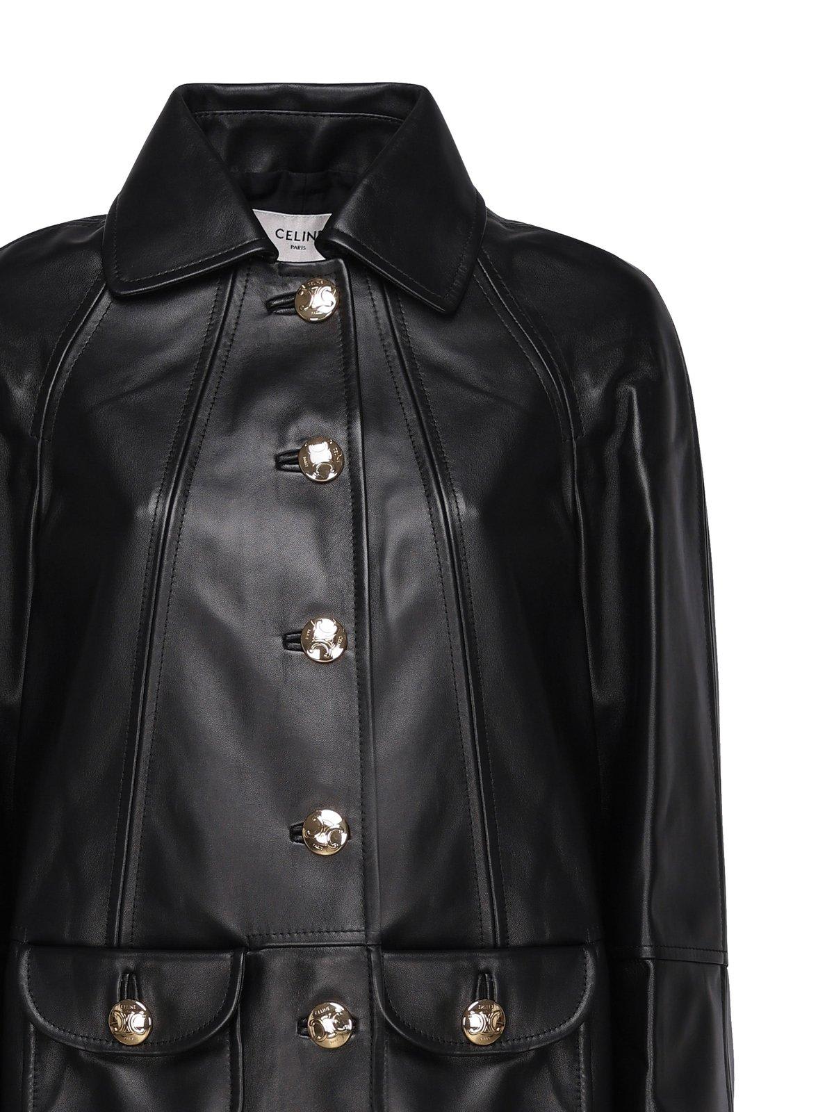 Shop Celine Claudine Collar Leather Coat In Black