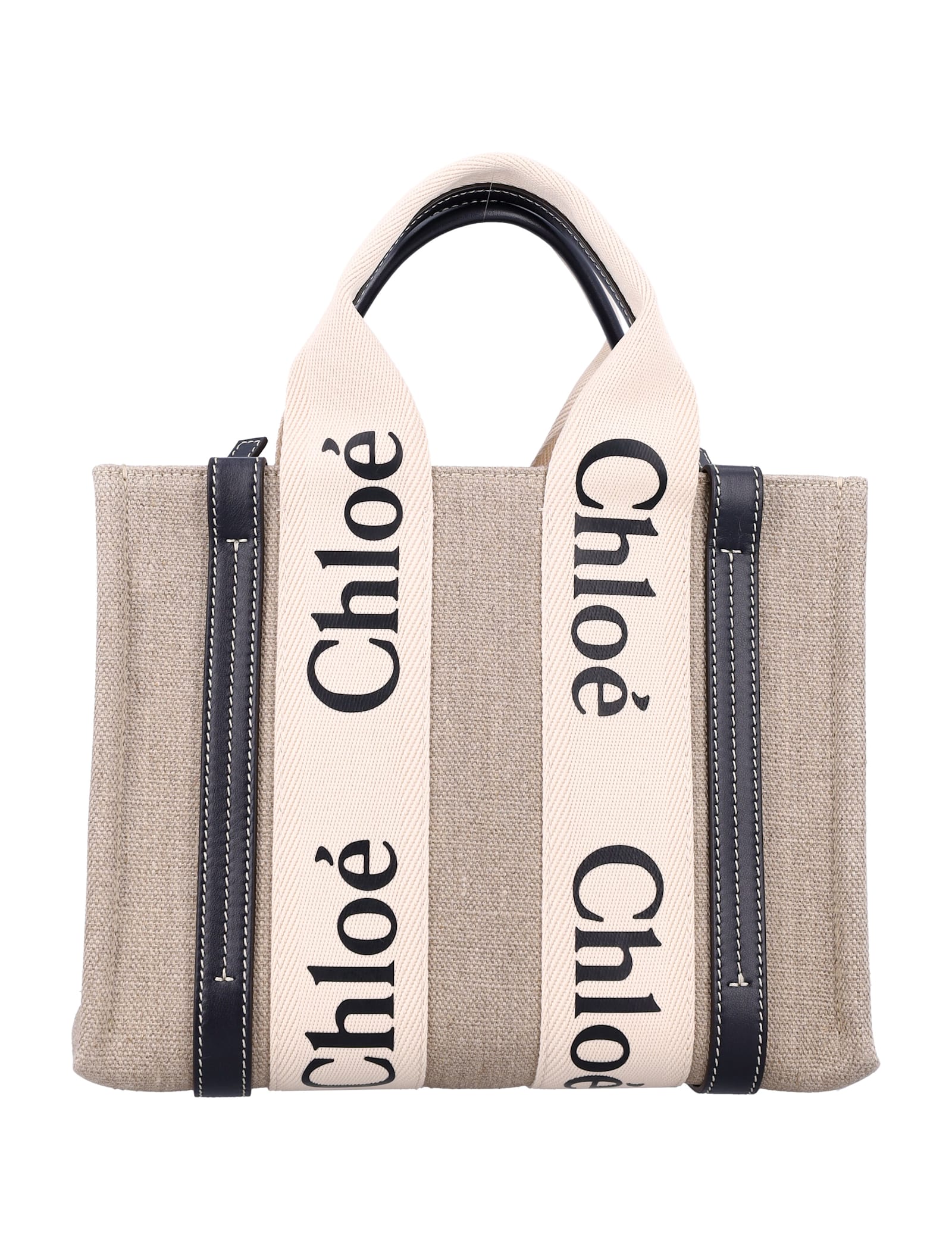 Shop Chloé Linen Woody Medium Tote Bag In White - Blue 1