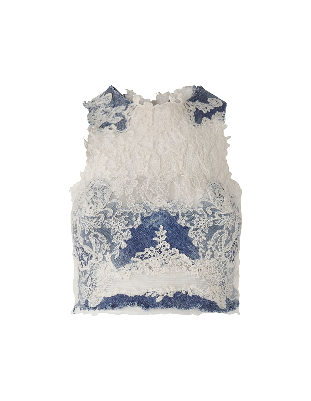 Ermanno Scervino White And Blue Denim And Lace Crop Top