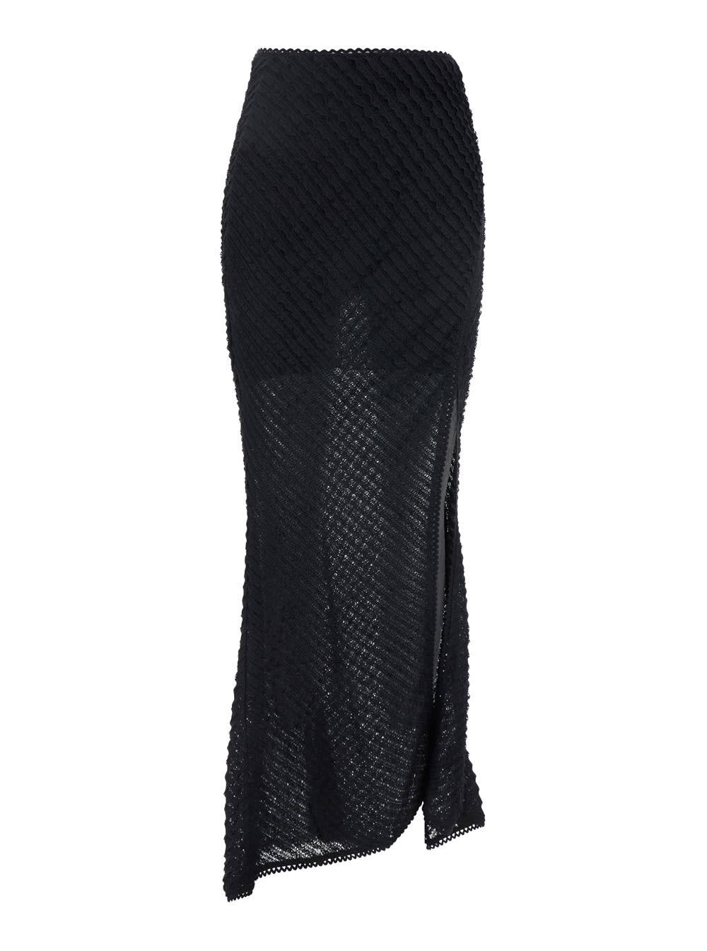 erin Black Long Skirt With Side Single Slit And All-over Embroidery In Tech Fabric Woman