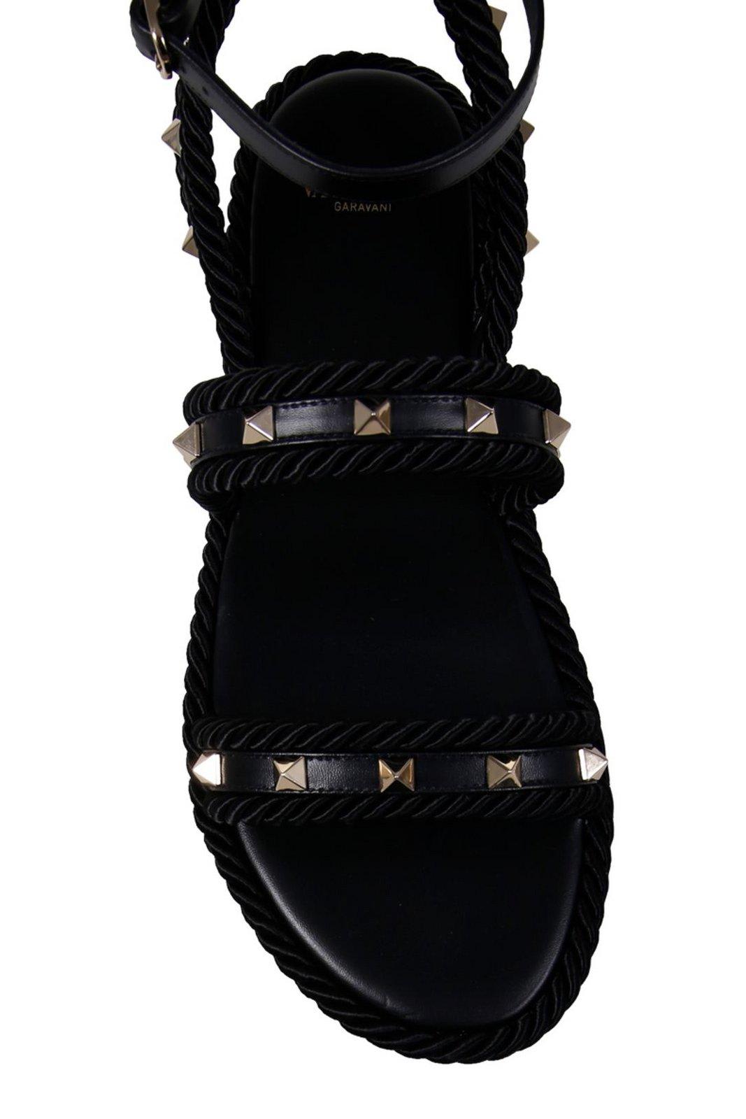 Valentino Torchon Rope-trimmed Studded Leather Sandals In Black