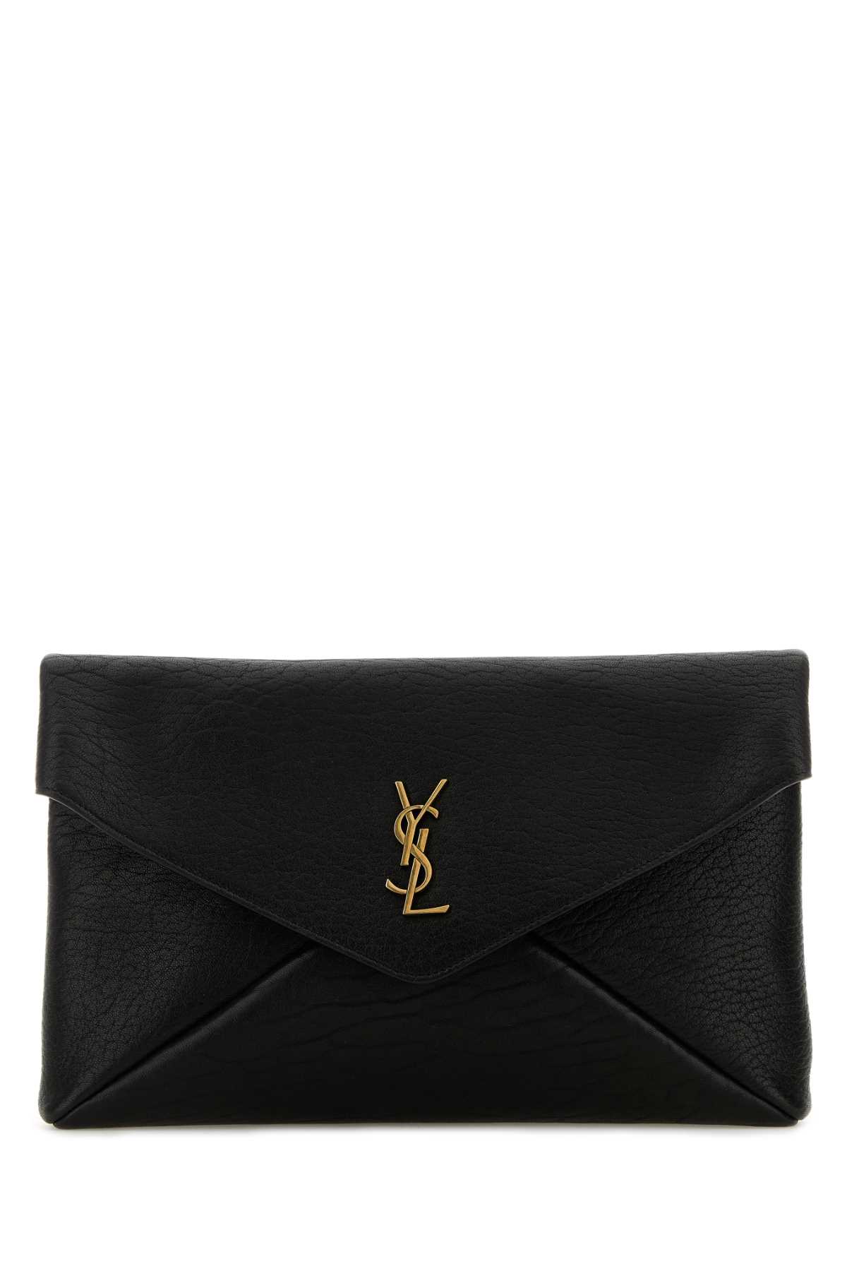 Shop Saint Laurent Black Leather Envelope Cassandre Pouch In Nero