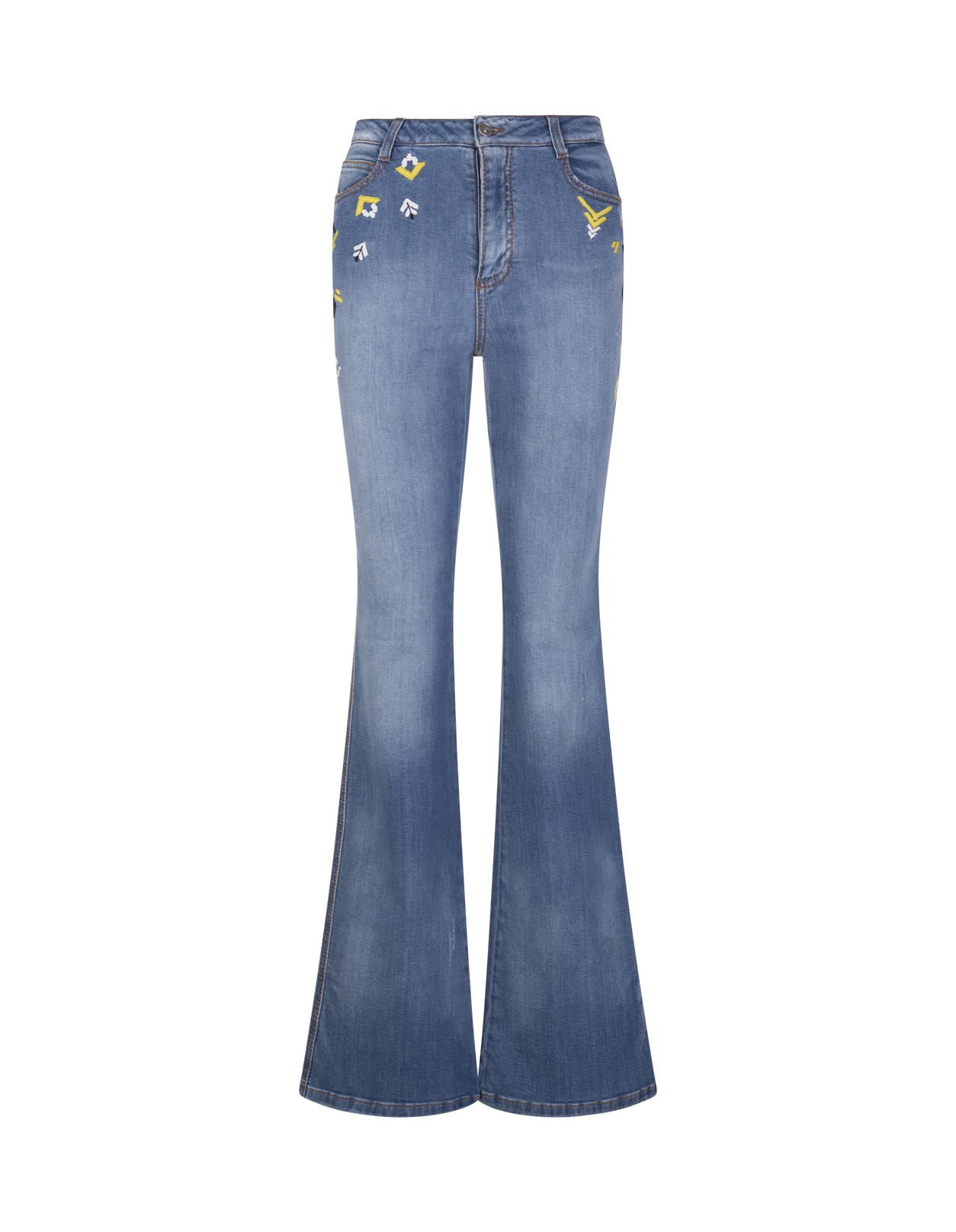 Ermanno Scervino Woman Flare Jeans In Blue Denim With Contrast Embroidery
