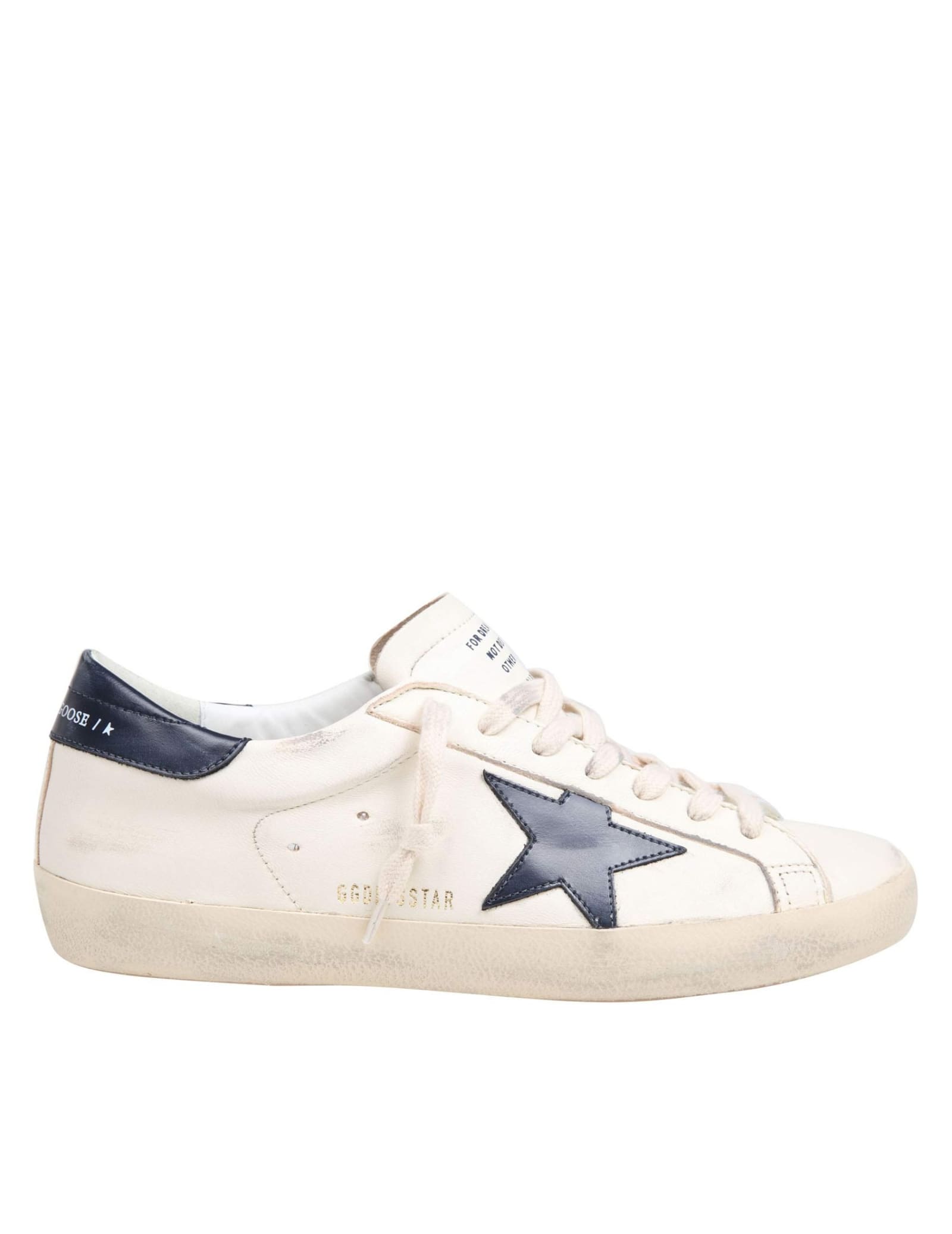 Shop Golden Goose Super-star Sneakers In Beige And Midnight Blue Leather In Beige/blue