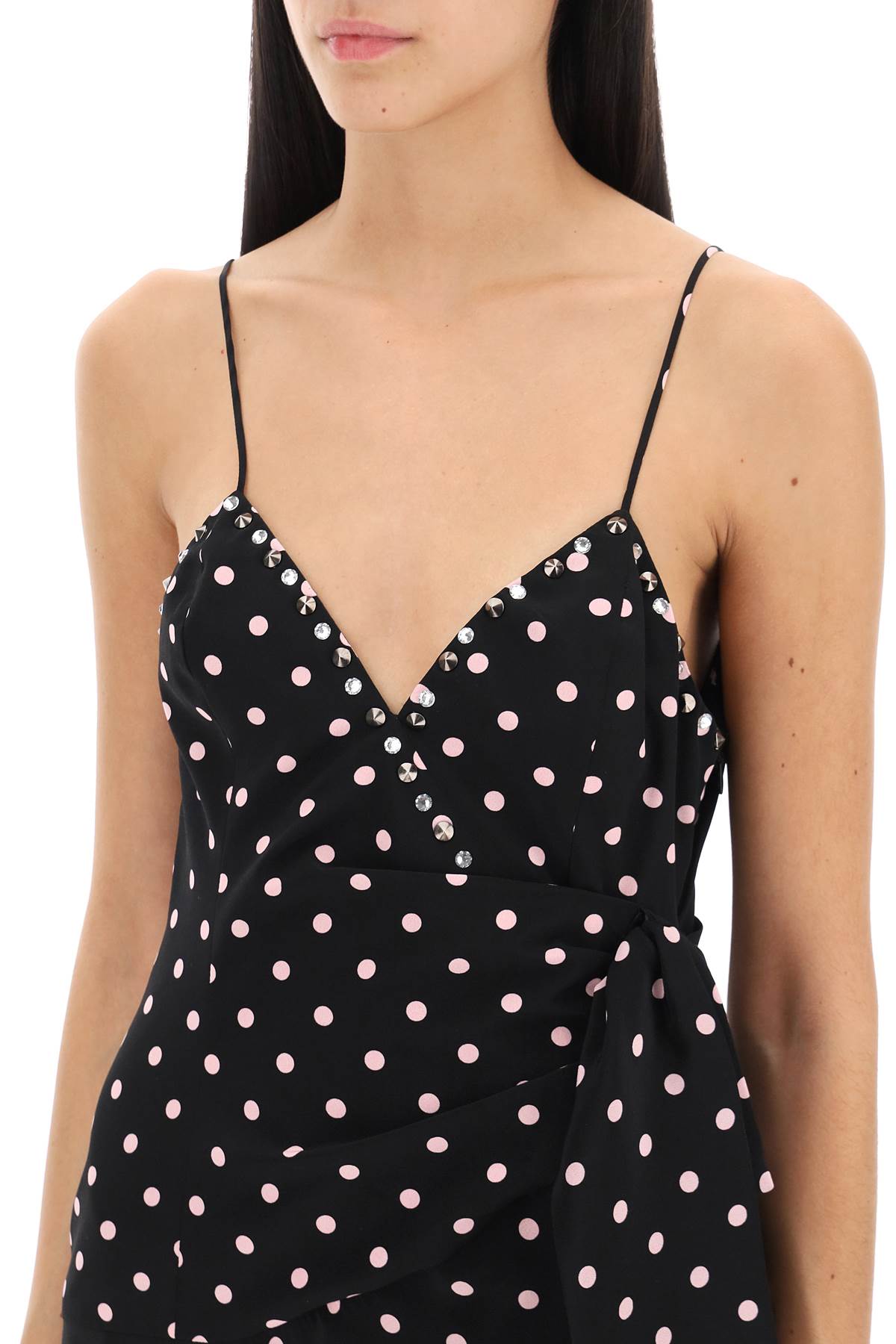 Shop Alessandra Rich Polka Dot Slip Dress With Studs And Rhinestones In Black Pink (black)