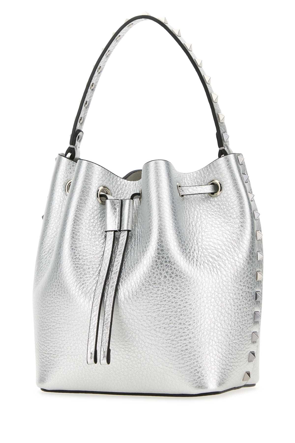 Shop Valentino Silver Leather Rockstud Bucket Bag