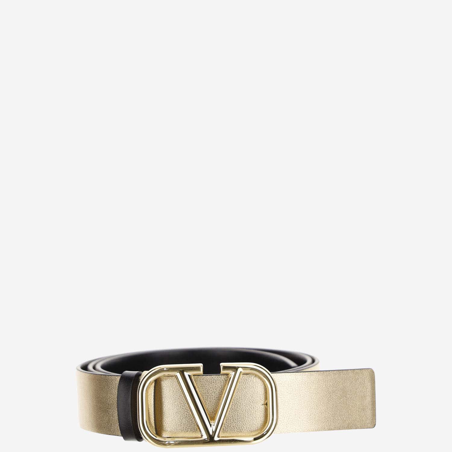 Shop Valentino 30mm Vlogo Signature Reversible Leather Belt In Golden