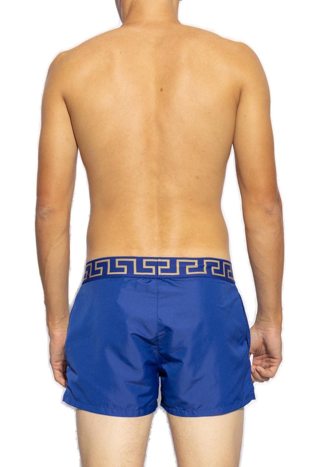 Versace Blue Swim Shorts With Elastic Waist With Greca Motif In Tech Fabric Man In Blue