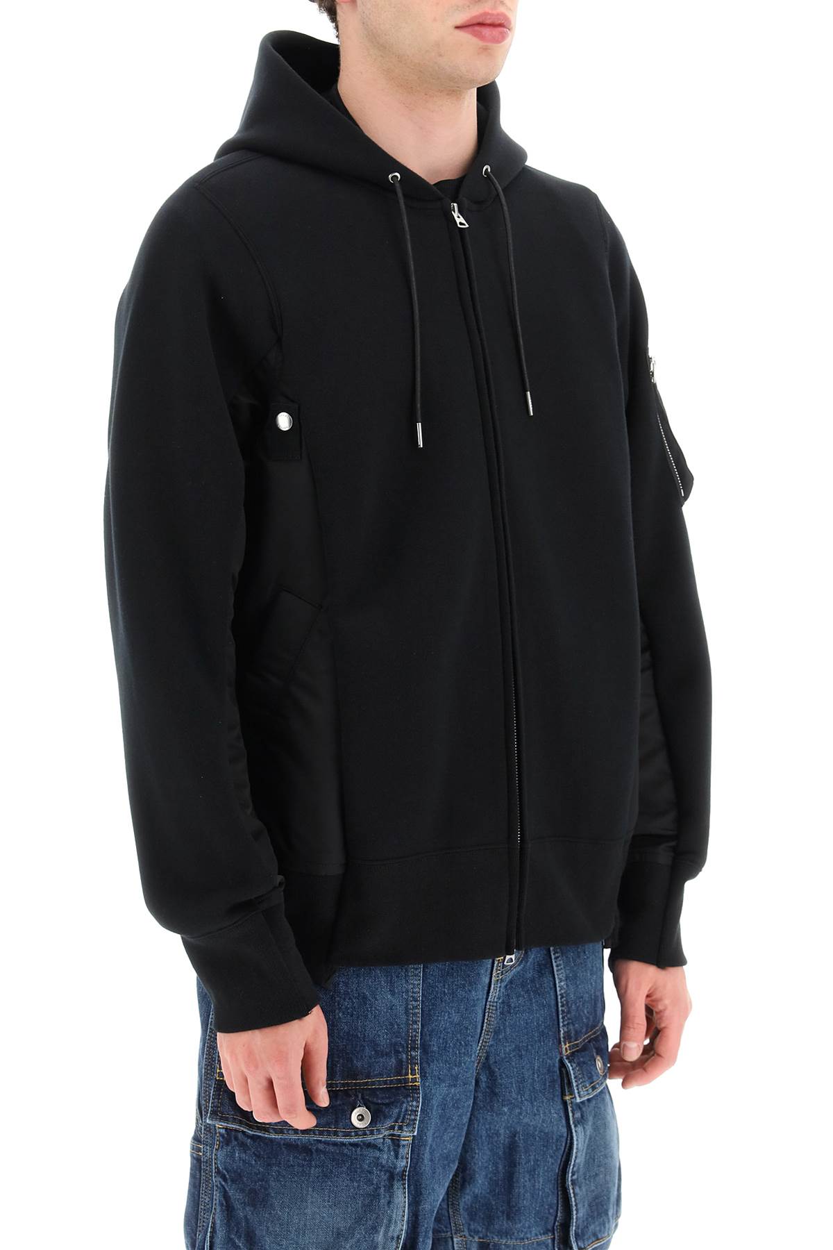 Shop Sacai Oversized Zip-up Hoodie With Nylon Inserts In Black