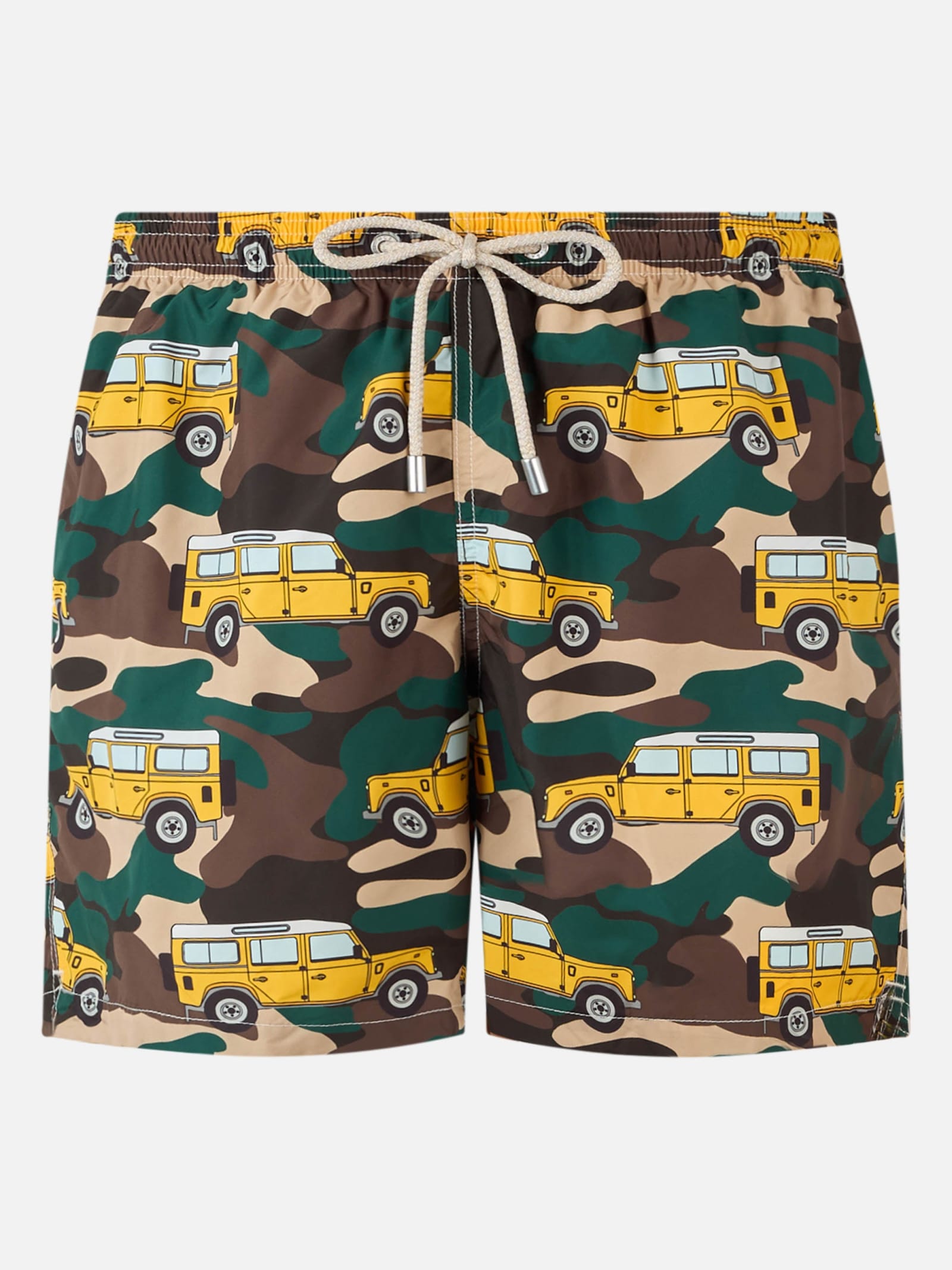 Mc2 Saint Barth Man Lightweight Fabric Swim-shorts Lighting With Off-road Car Print In Green