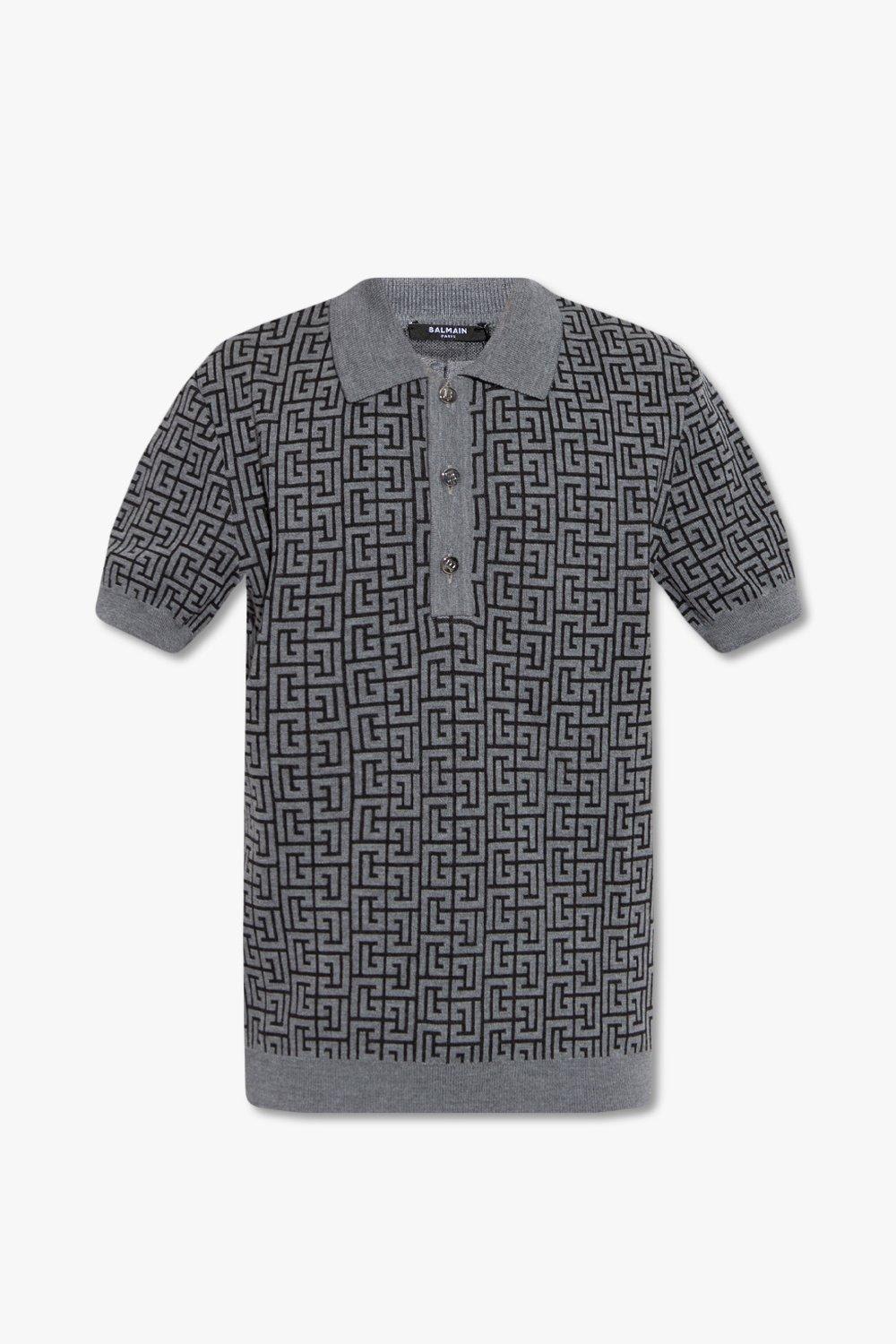 Balmain Monogram Jacquard Knitted Polo Shirt In Gray