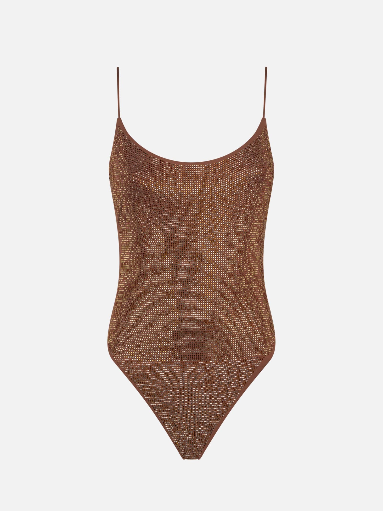 Mc2 Saint Barth Woman One Piece Swimsuit With Brown Shades Rhinestones In Brown