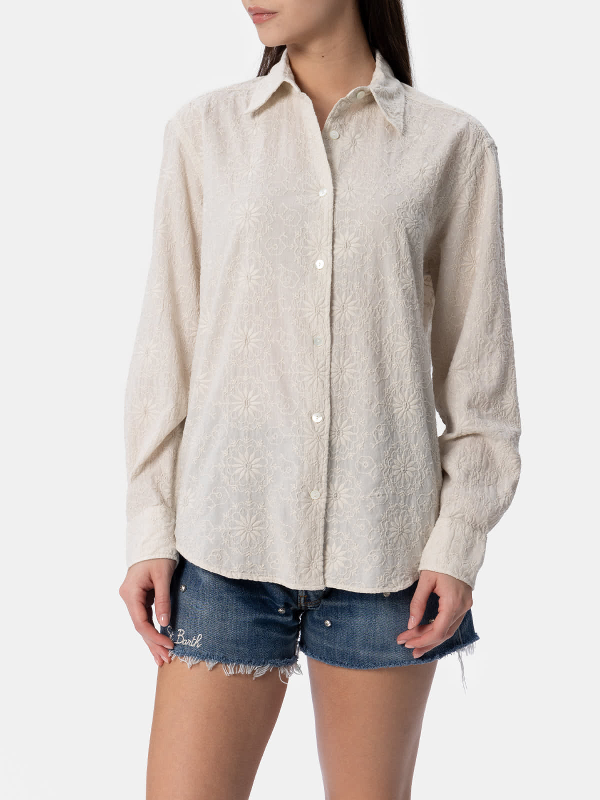 Shop Mc2 Saint Barth Woman Classic Sangallo Cotton Shirt Meredith In White