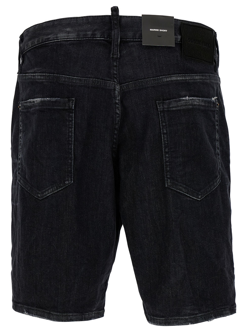 Shop Dsquared2 Marine Black Bermuda Shorts With Logo Patch In Stretch Cotton Denim Man