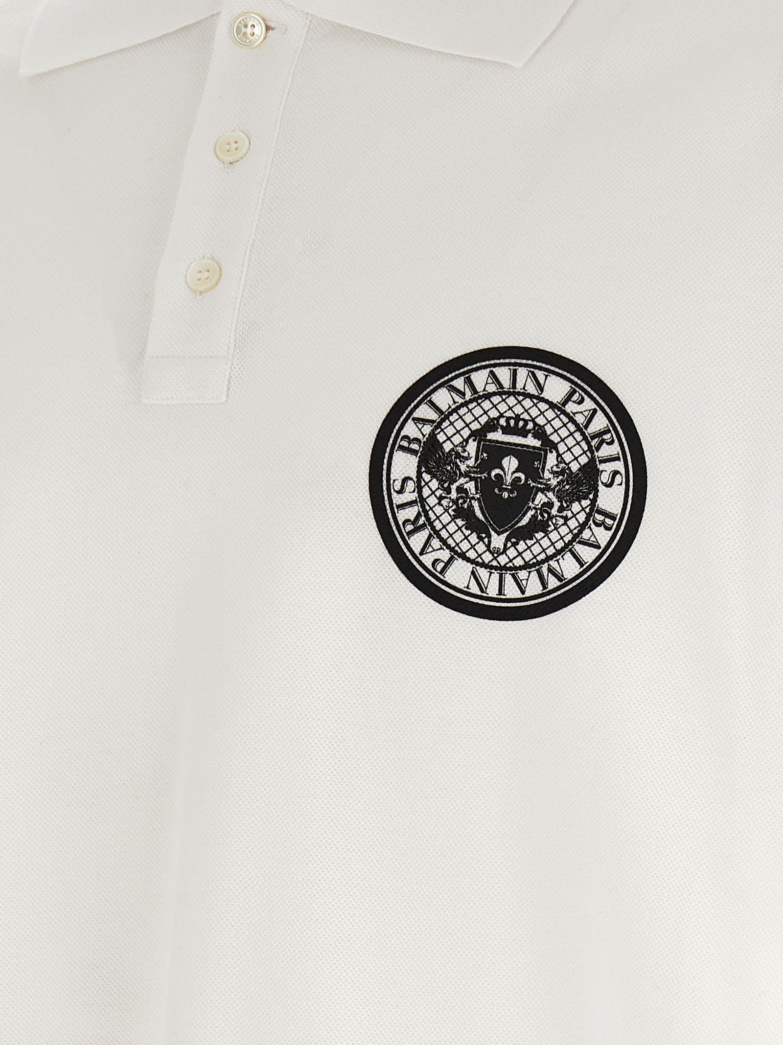 Balmain White Polo Shirt With Collar And Coin Print On The Front In Cotton Man In White/black