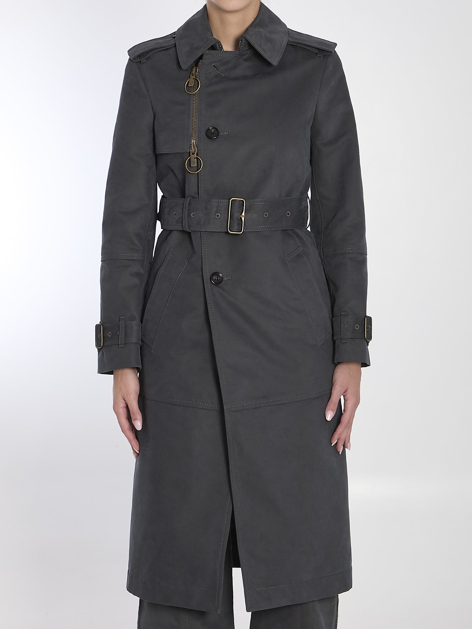 Shop Burberry Long Trench Coat In Cotton And Nylon In Grey